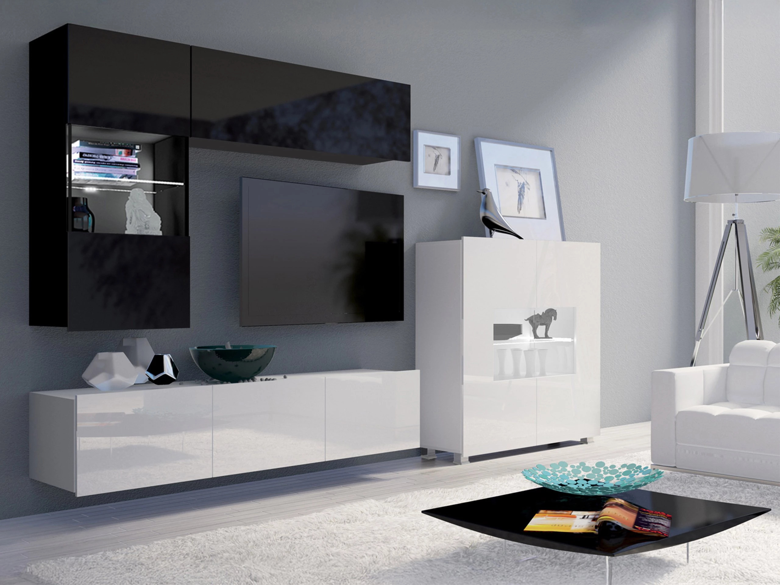 Wohnzimmer-Sets Remus III (Schwarz + Schwarz glänzend + Weiß + Weiß glänzend)