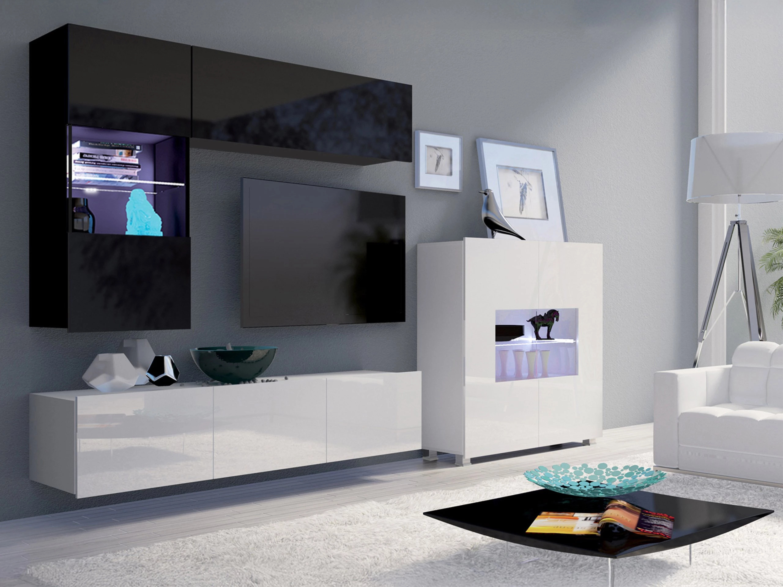 Wohnzimmer-Sets Remus III (Schwarz + Schwarz glänzend + Weiß + Weiß glänzend)