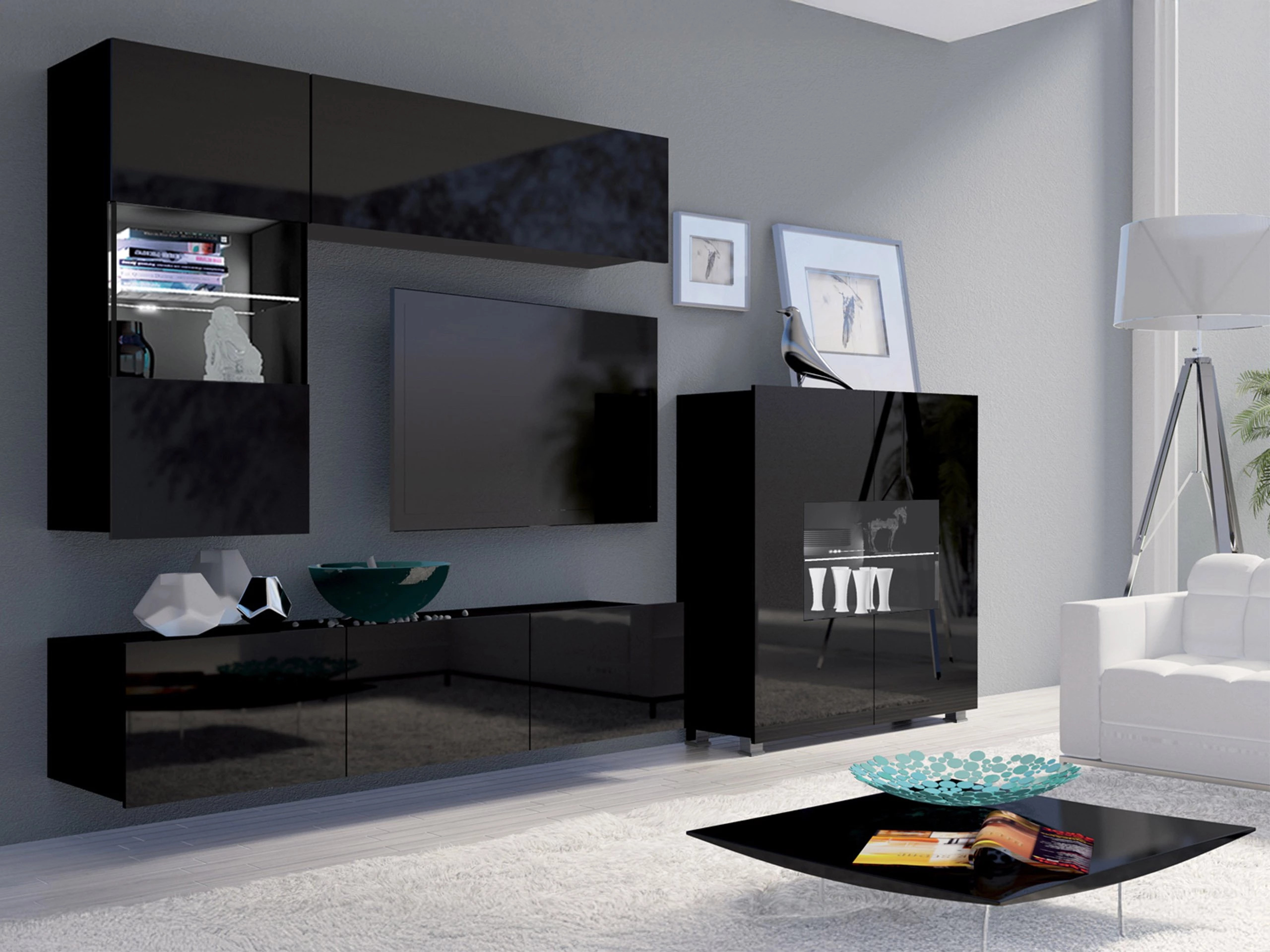 Wohnzimmer-Sets Remus III (Schwarz + Schwarz glänzend)