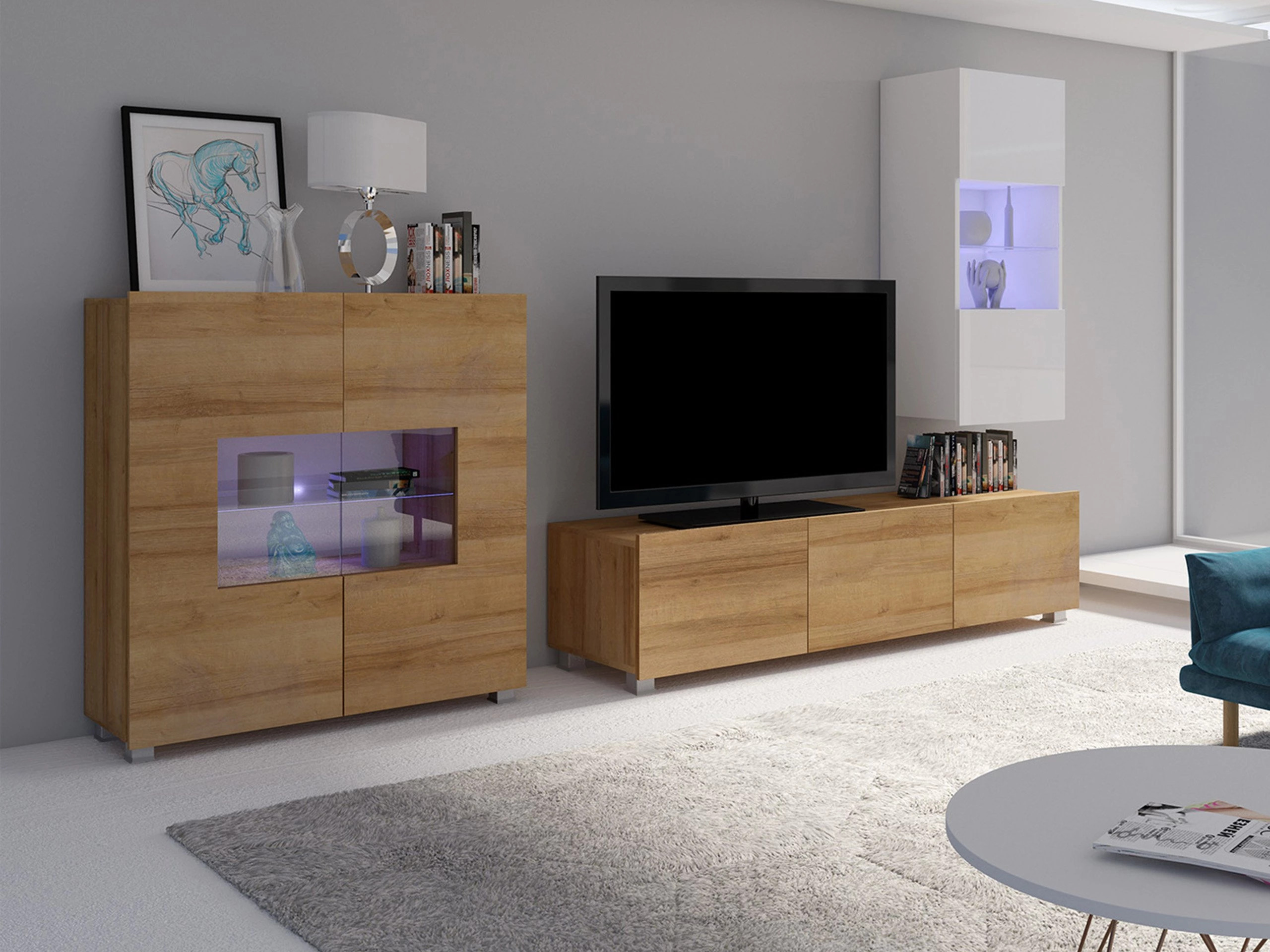 Wohnzimmer-Sets Remus VII (Goldene Eichenholzoptik + Weiß + Weiß glänzend)