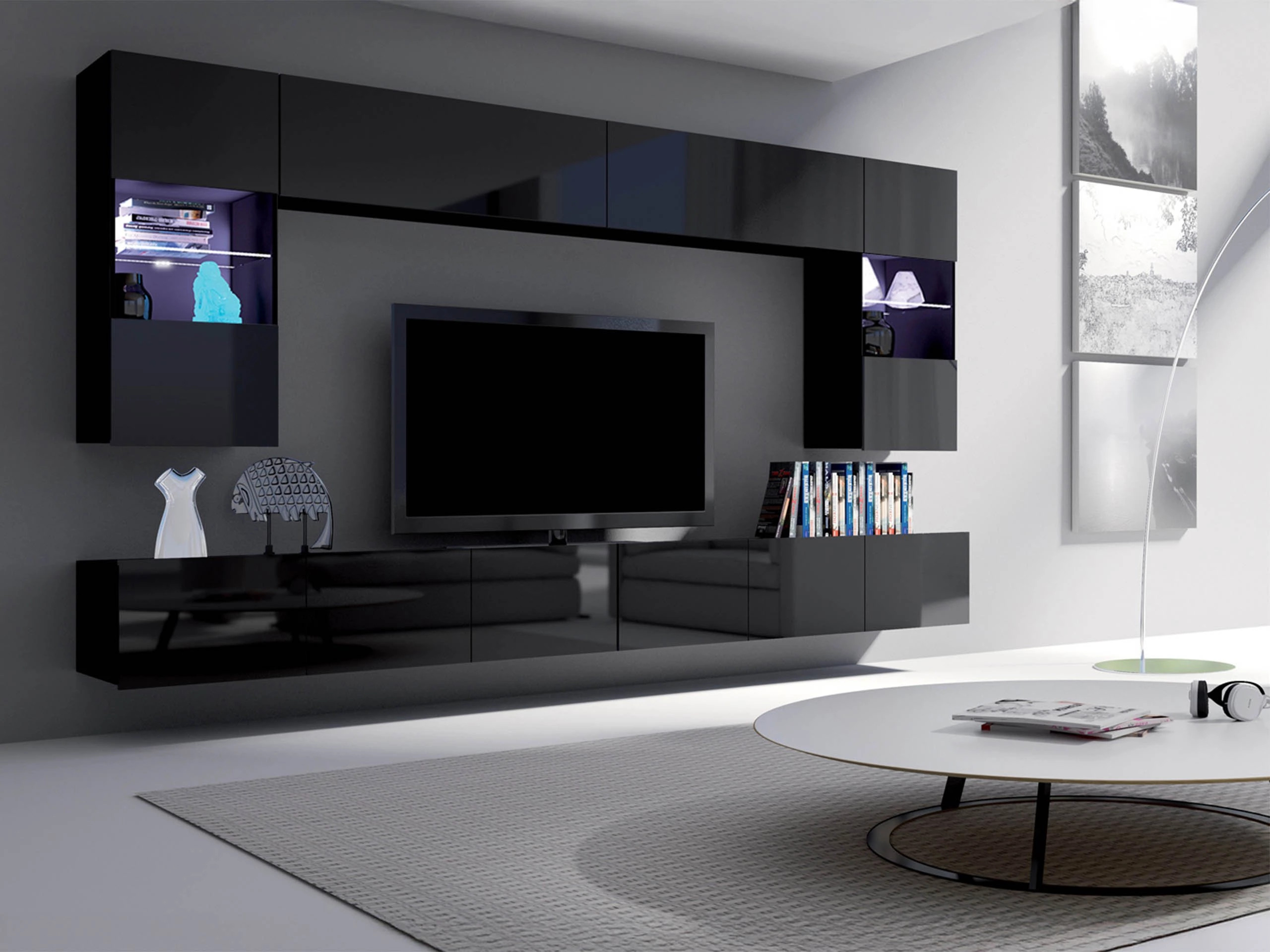 Wohnzimmer-Sets Remus I (Schwarz + Schwarz glänzend)