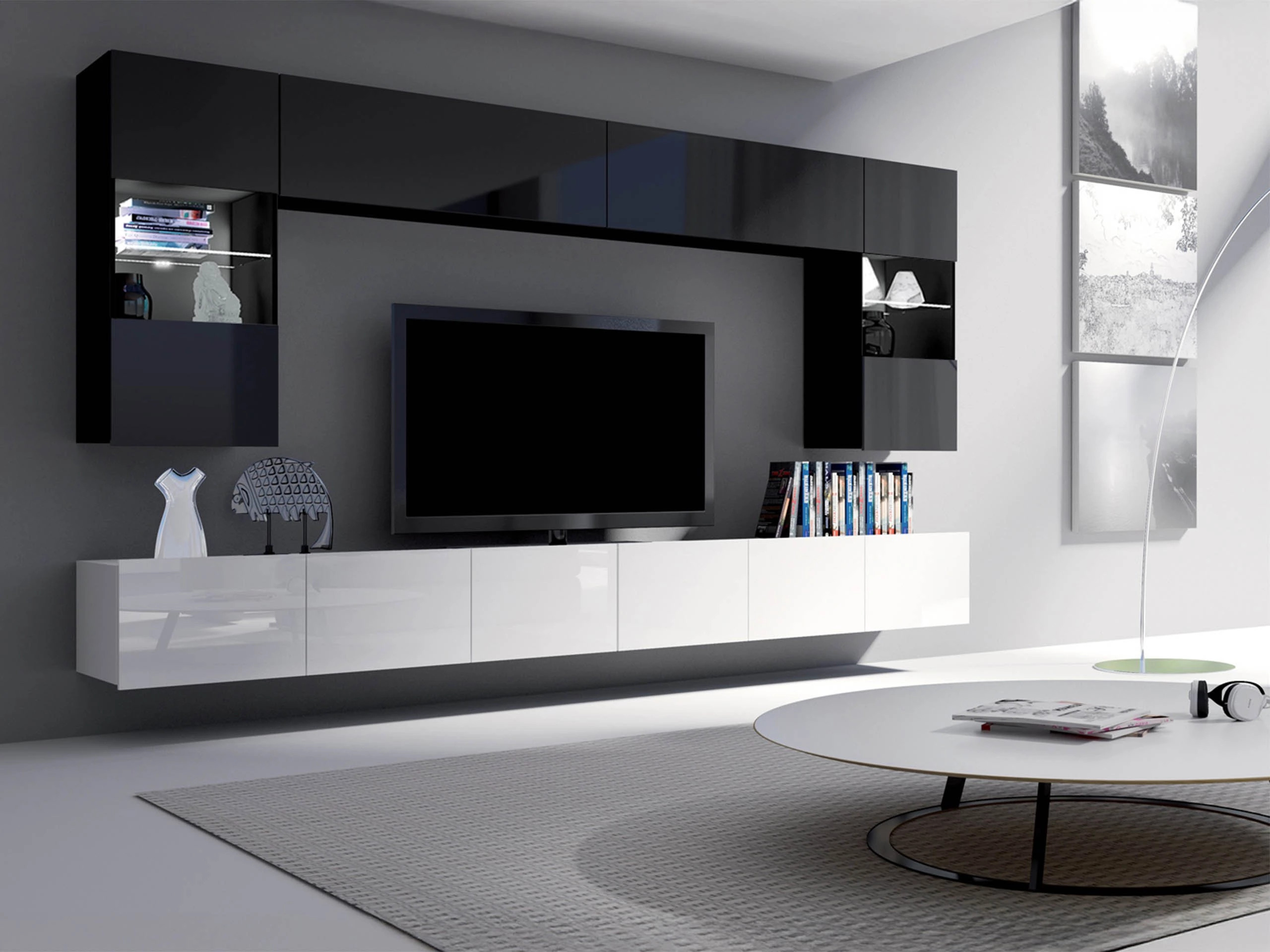 Wohnzimmer-Sets Remus I (Weiß glänzend + Schwarz glänzend)