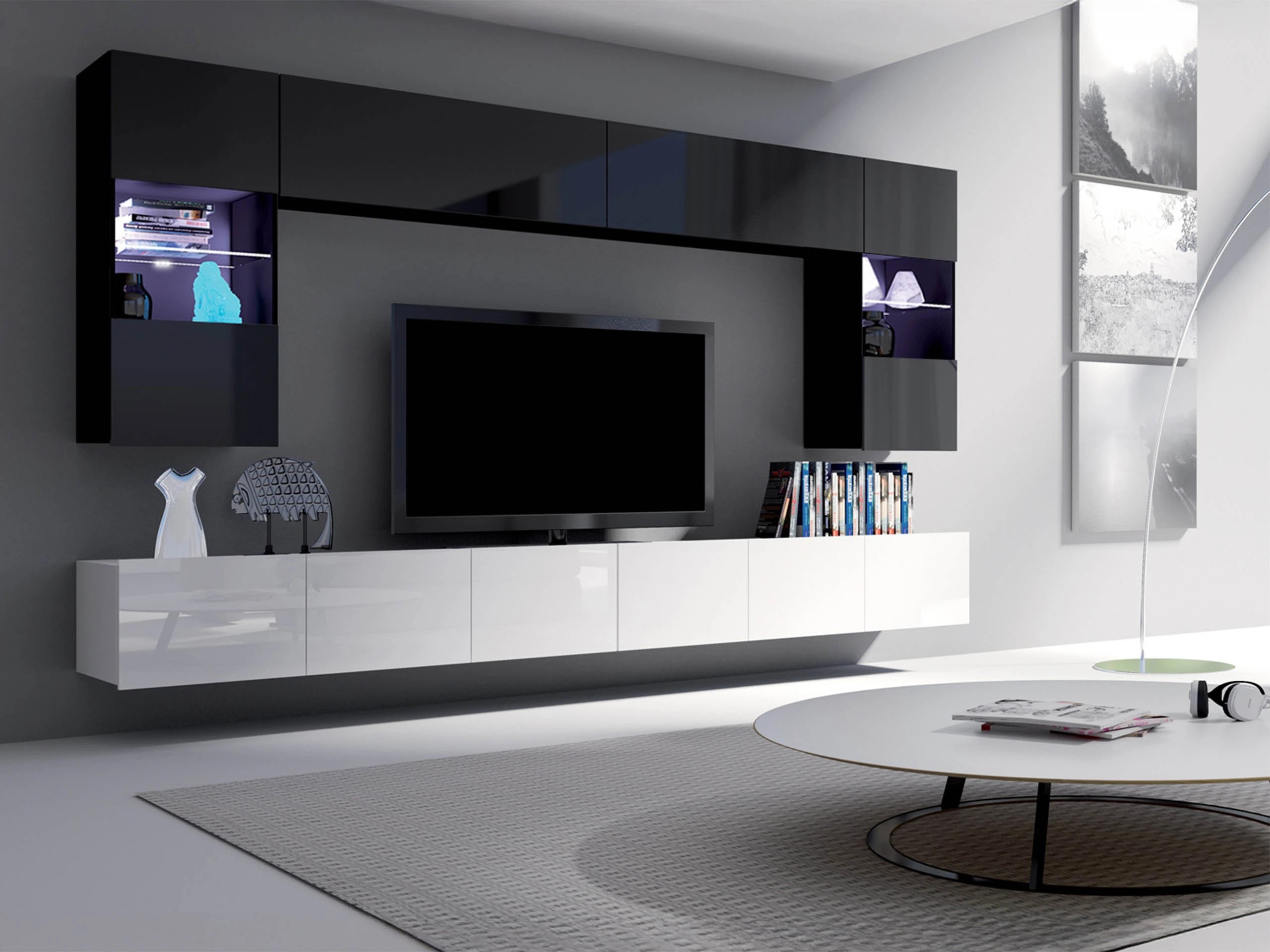 Wohnzimmer-Sets Remus I (Weiß glänzend + Schwarz glänzend)