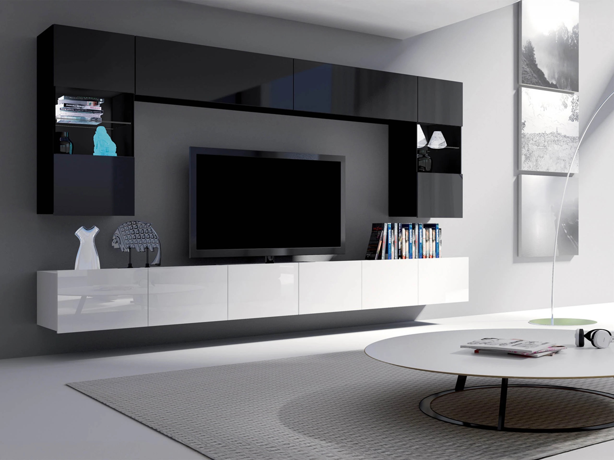 Wohnzimmer-Sets Remus I (Weiß glänzend + Schwarz glänzend)