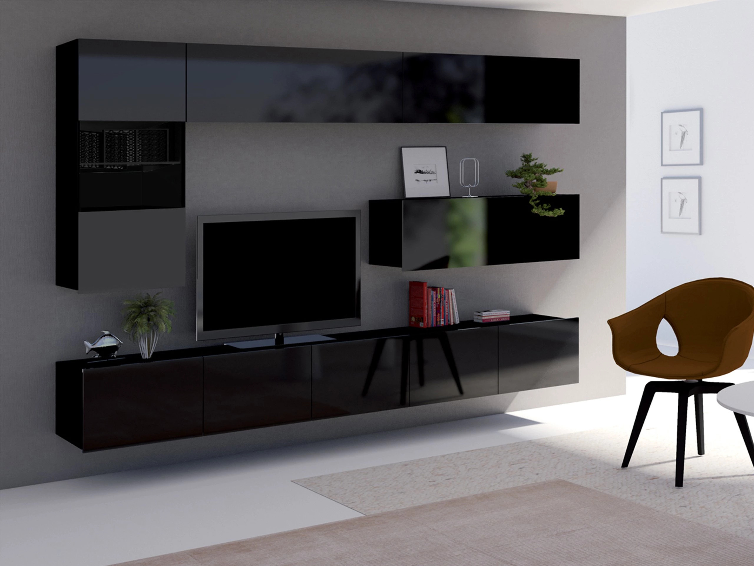 Wohnzimmer-Sets Remus IV (Schwarz + Schwarz glänzend)