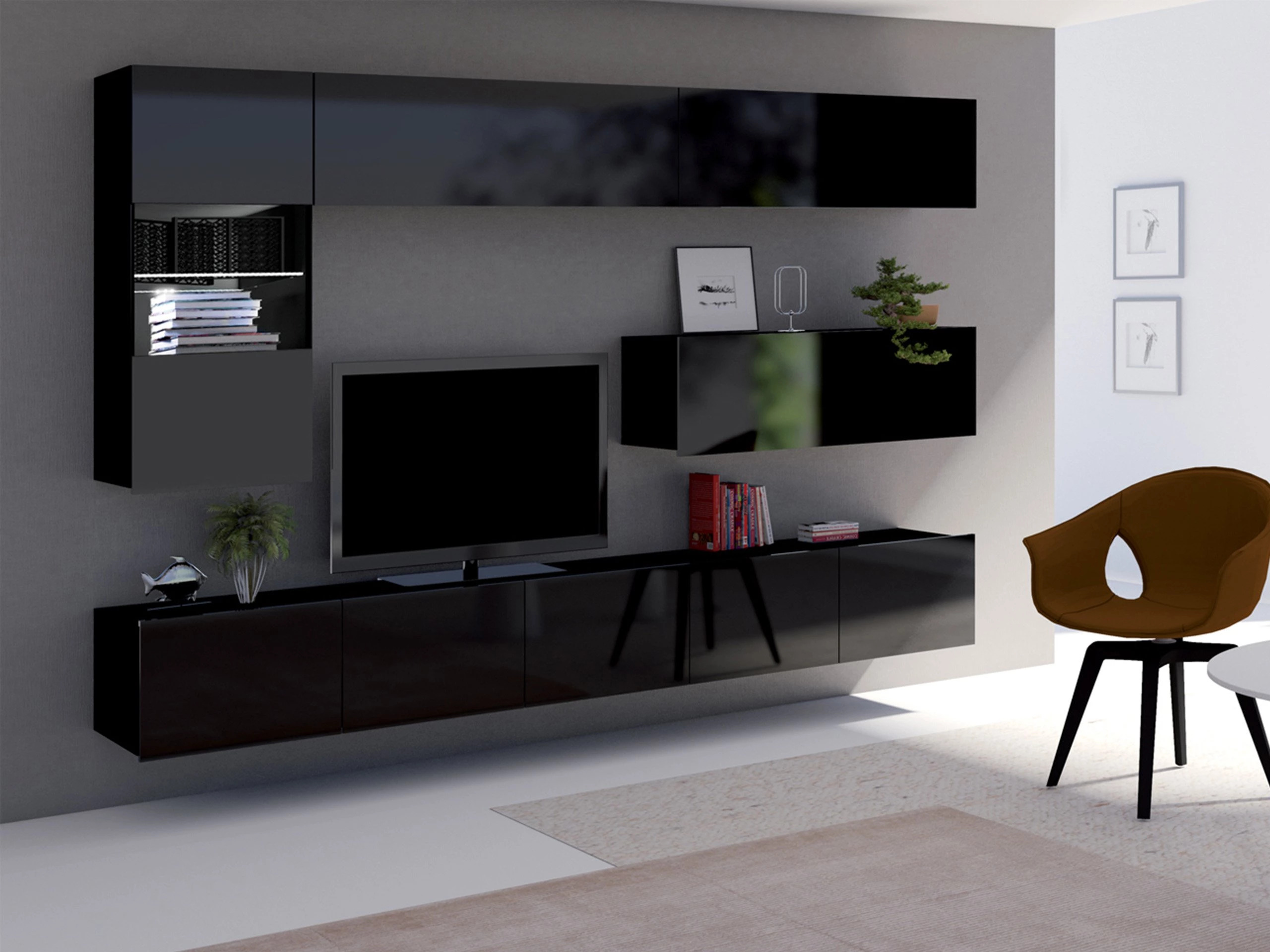 Wohnzimmer-Sets Remus IV (Schwarz + Schwarz glänzend)