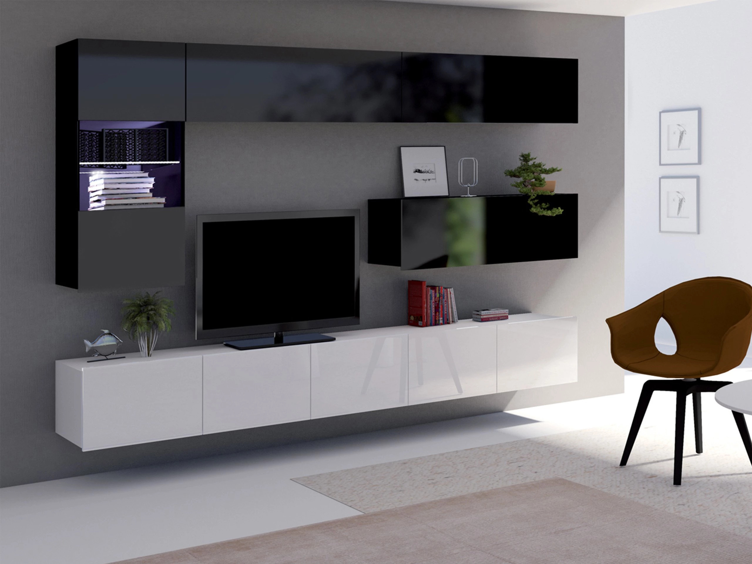 Wohnzimmer-Sets Remus IV (Weiß + Weiß glänzend + Schwarz + Schwarz glänzend)