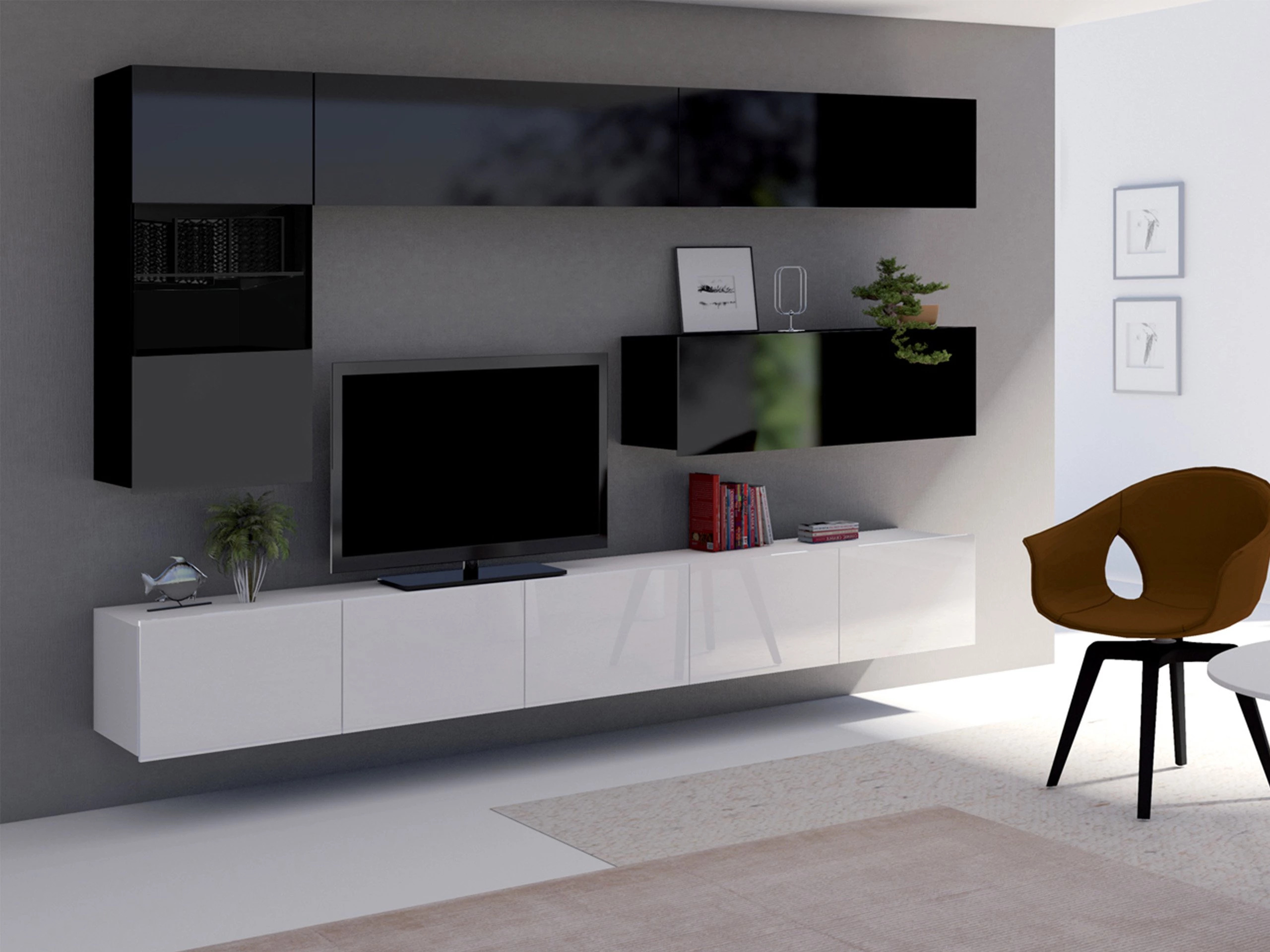 Wohnzimmer-Sets Remus IV (Weiß + Weiß glänzend + Schwarz + Schwarz glänzend)