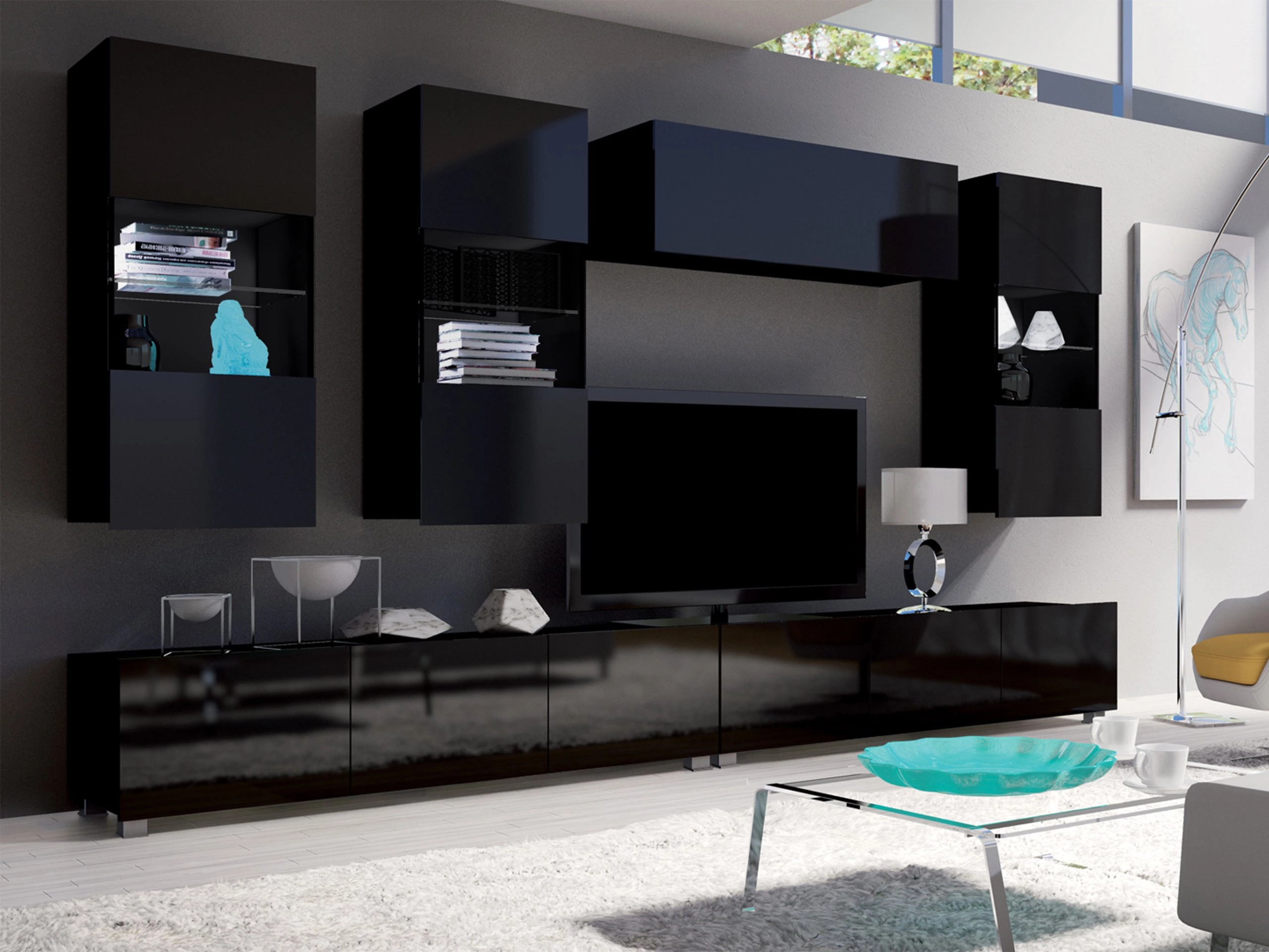 Wohnzimmer-Sets Remus V (Schwarz + Schwarz glänzend)