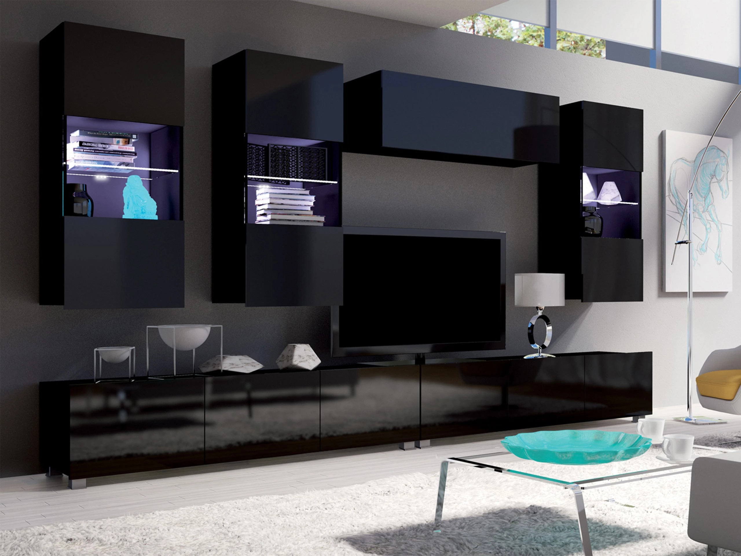 Wohnzimmer-Sets Remus V (Schwarz + Schwarz glänzend)