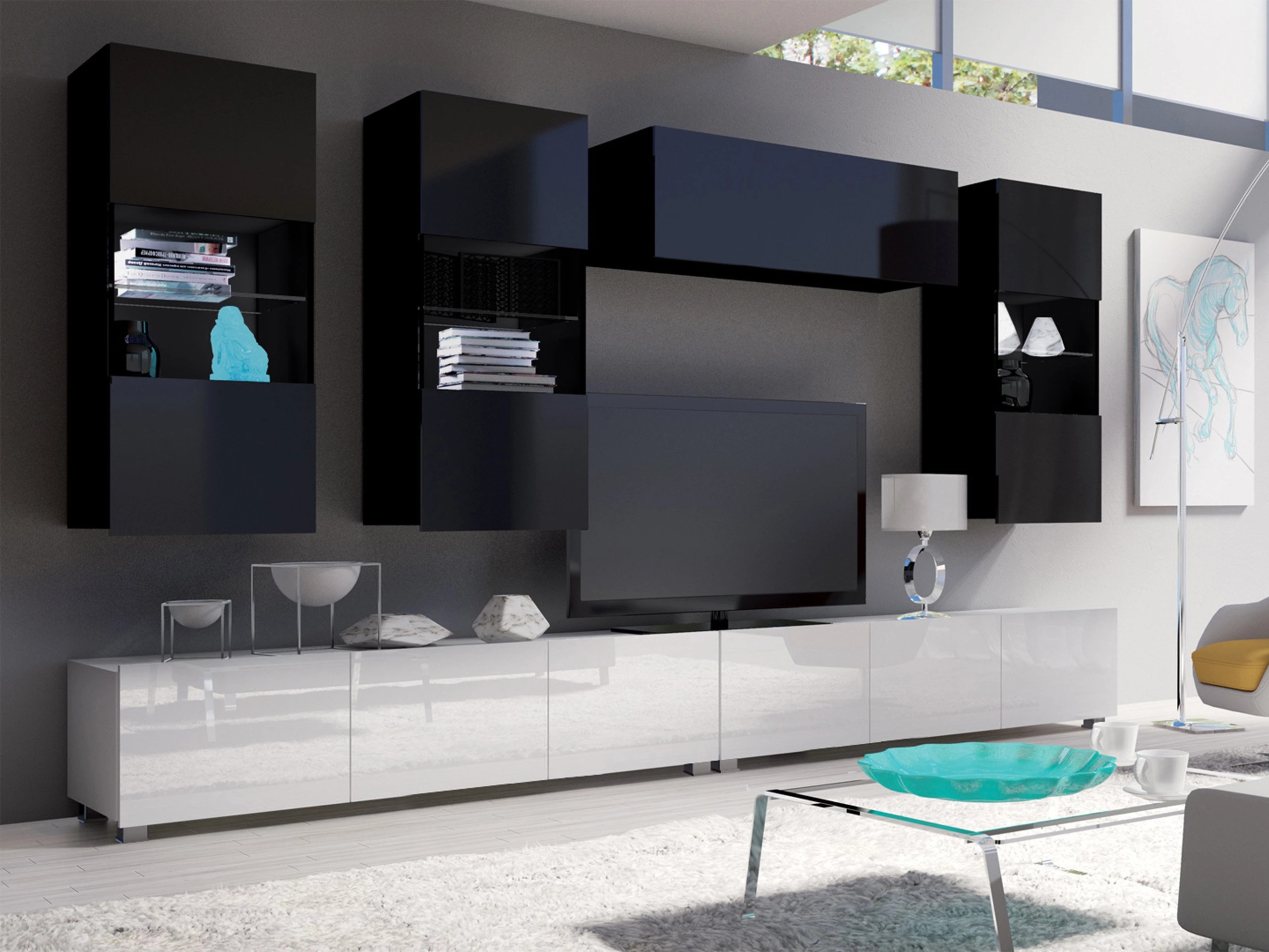Wohnzimmer-Sets Remus V (Weiß + Weiß glänzend + Schwarz + Schwarz glänzend)