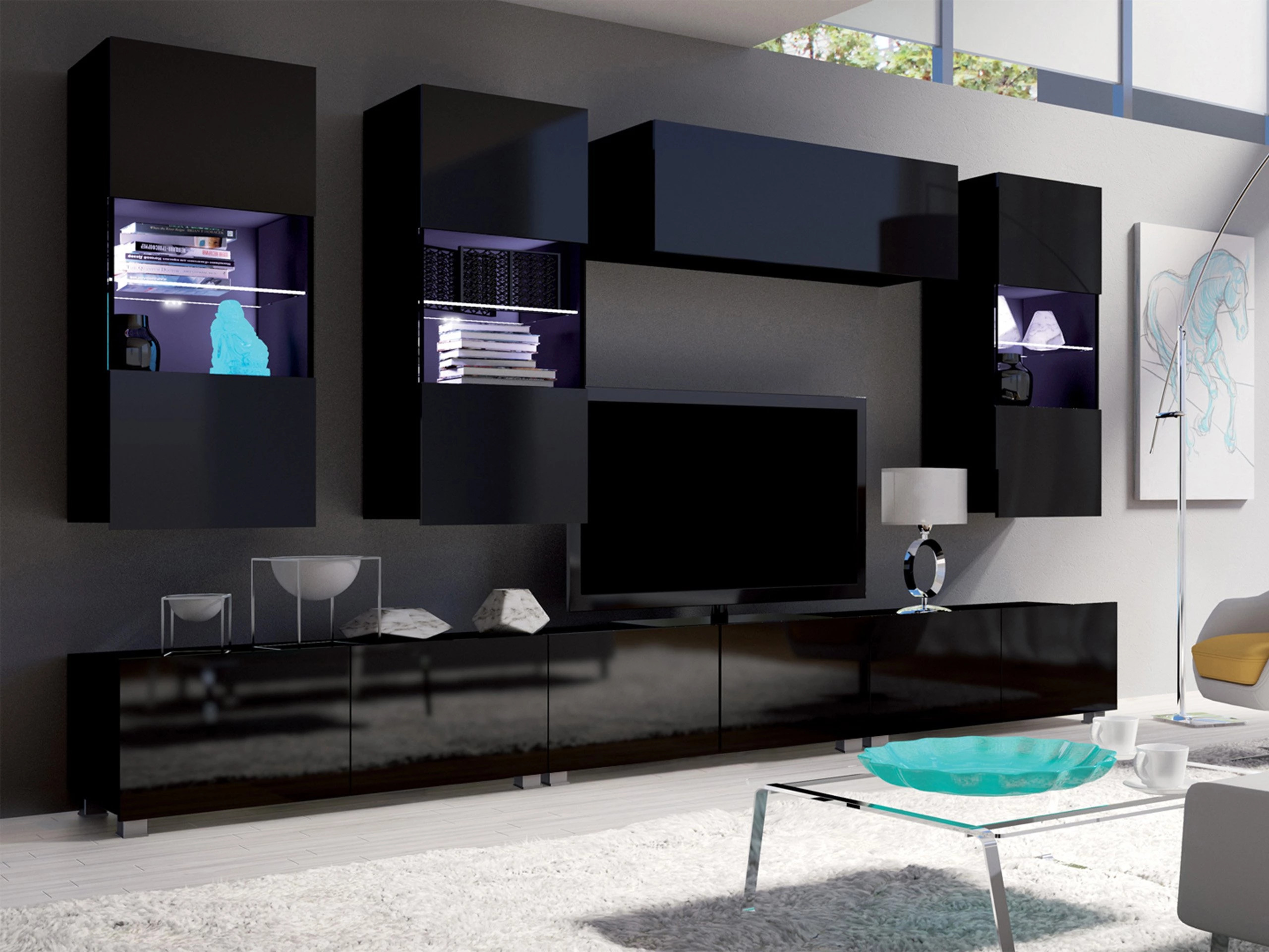 Wohnzimmer-Sets Remus XI (Schwarz + Schwarz glänzend)
