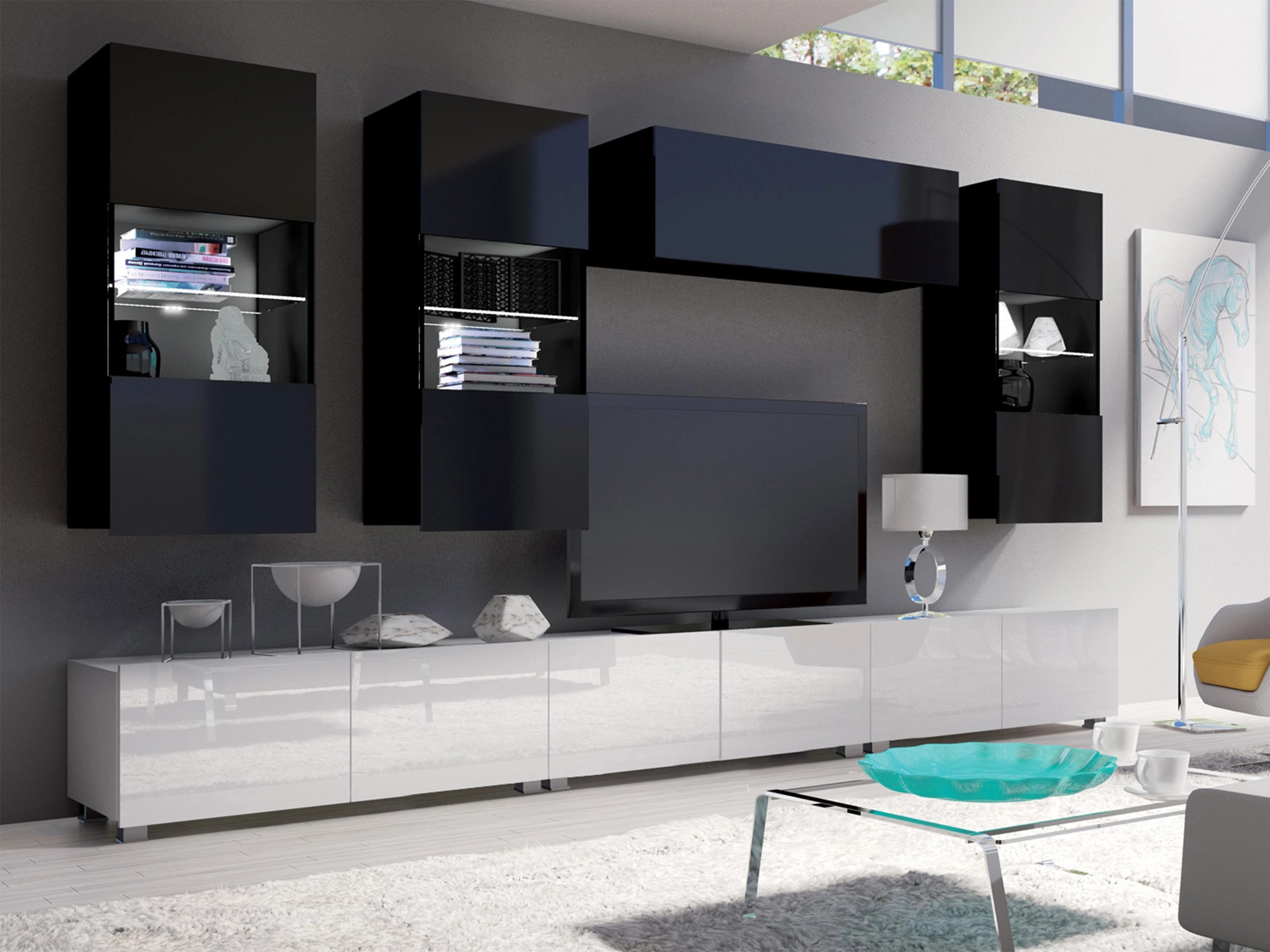 Wohnzimmer-Sets Remus XI (Weiß + Weiß glänzend + Schwarz + Schwarz glänzend)