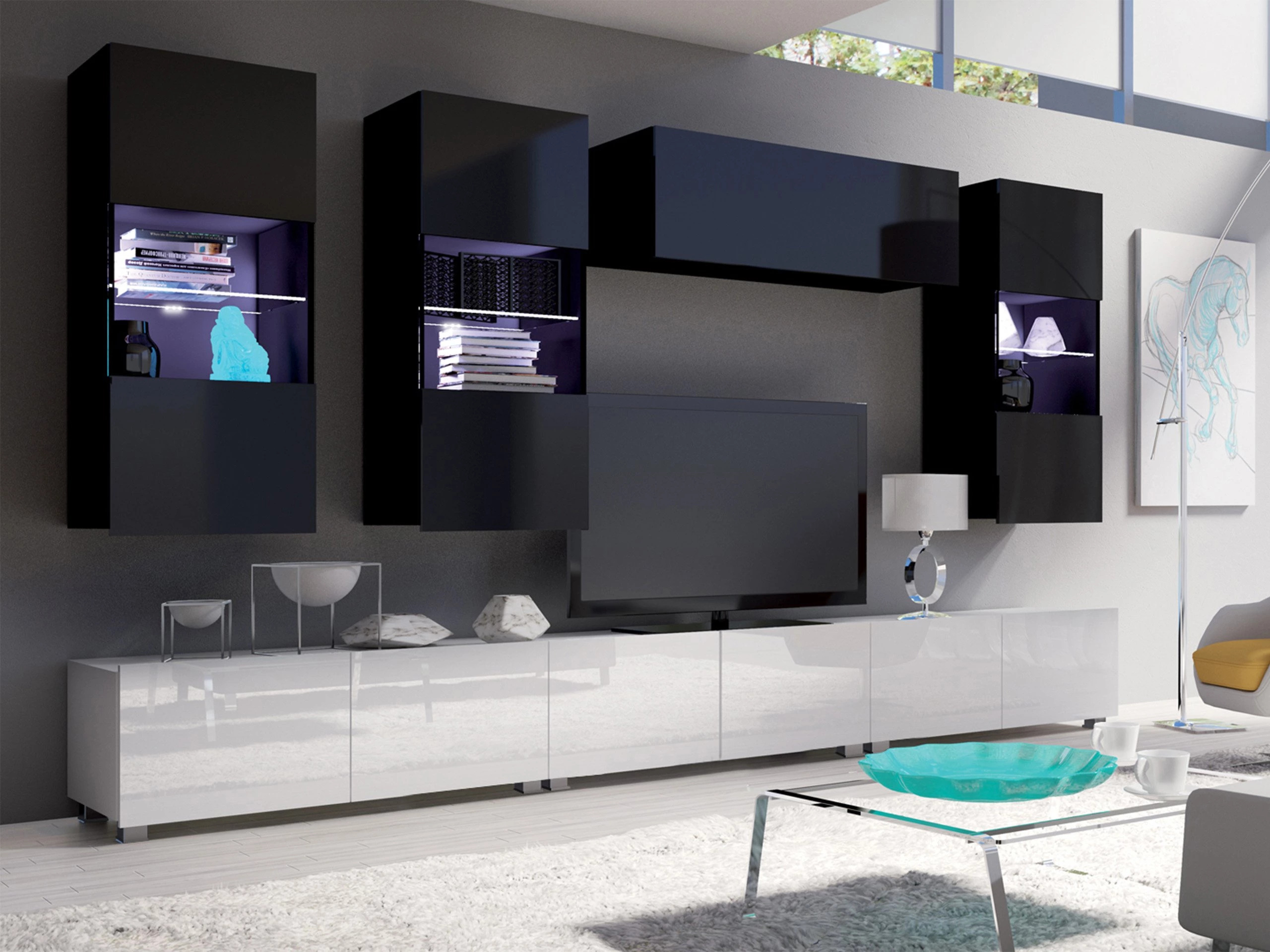 Wohnzimmer-Sets Remus XI (Weiß + Weiß glänzend + Schwarz + Schwarz glänzend)