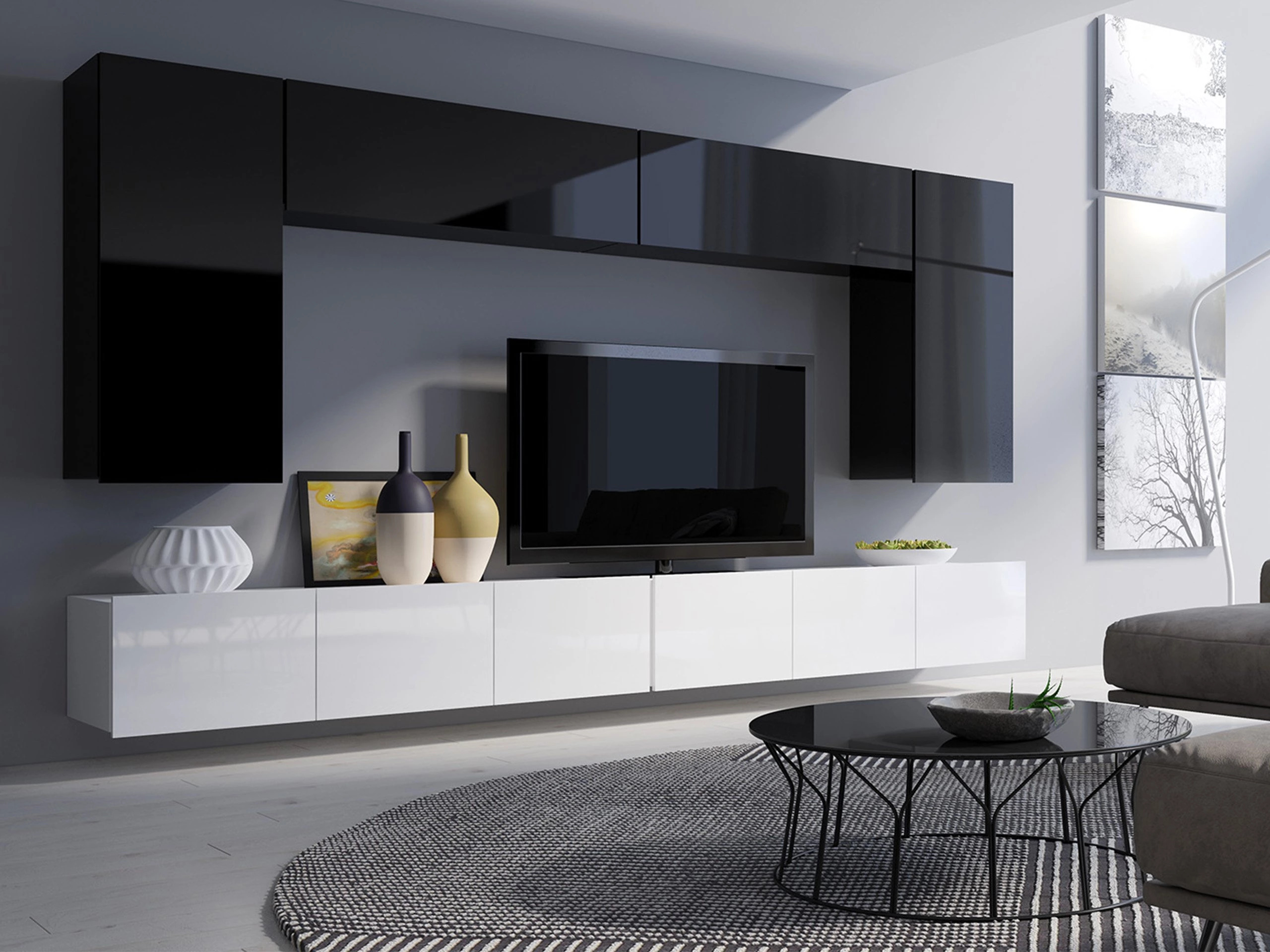 Wohnzimmer-Sets Remus XIII (Schwarz + Schwarz glänzend + Weiß + Weiß glänzend)