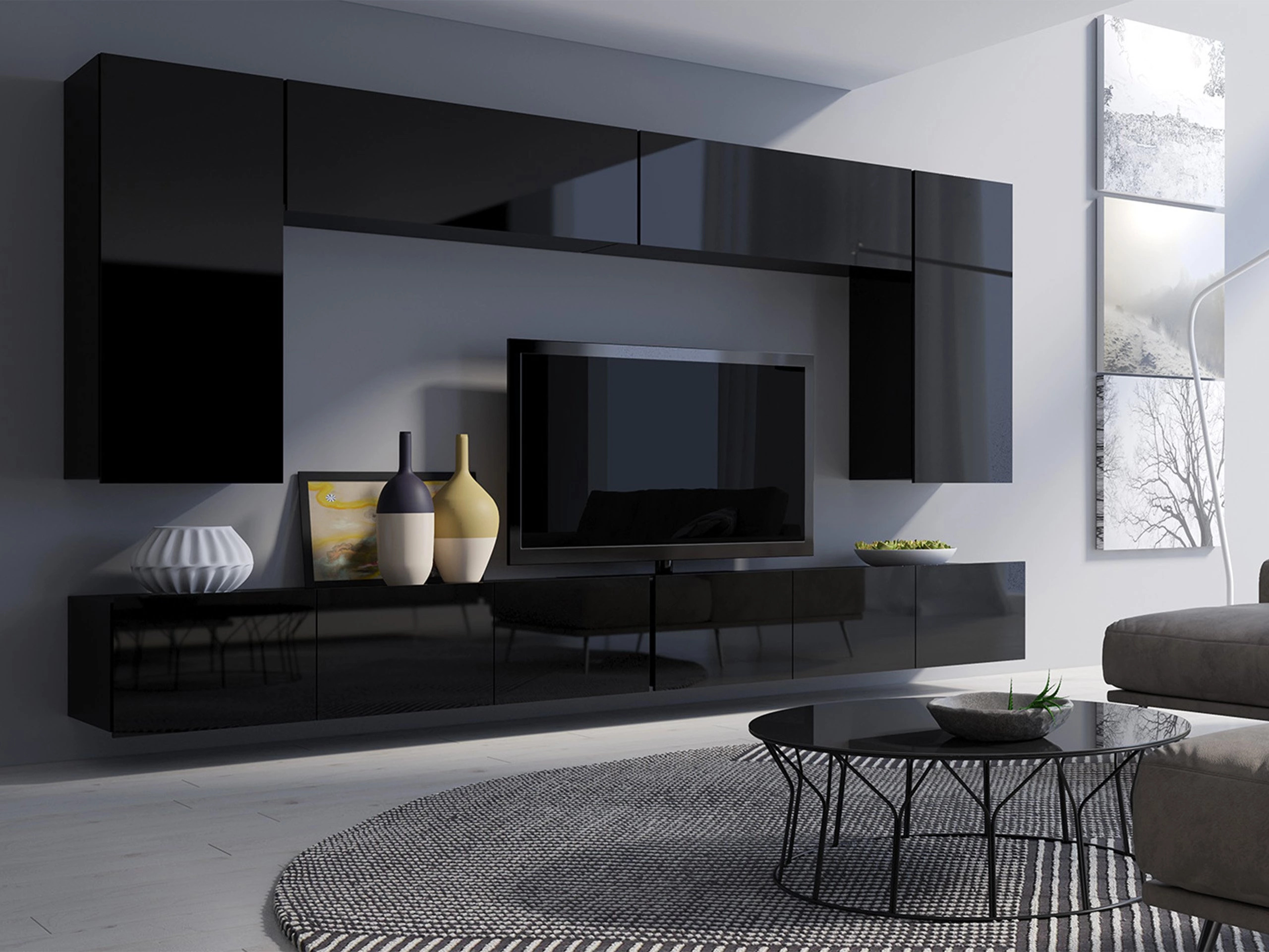 Wohnzimmer-Sets Remus XIII (Schwarz + Schwarz glänzend)