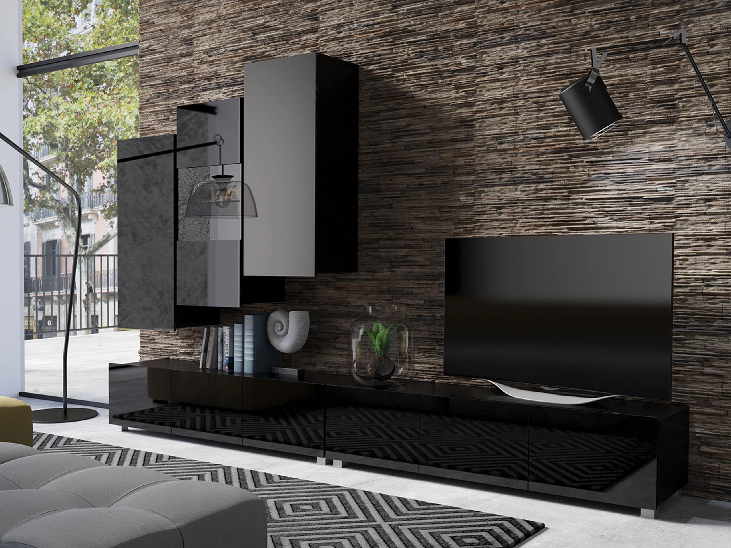Wohnzimmer-Sets Remus XVII (Schwarz + Schwarz glänzend)