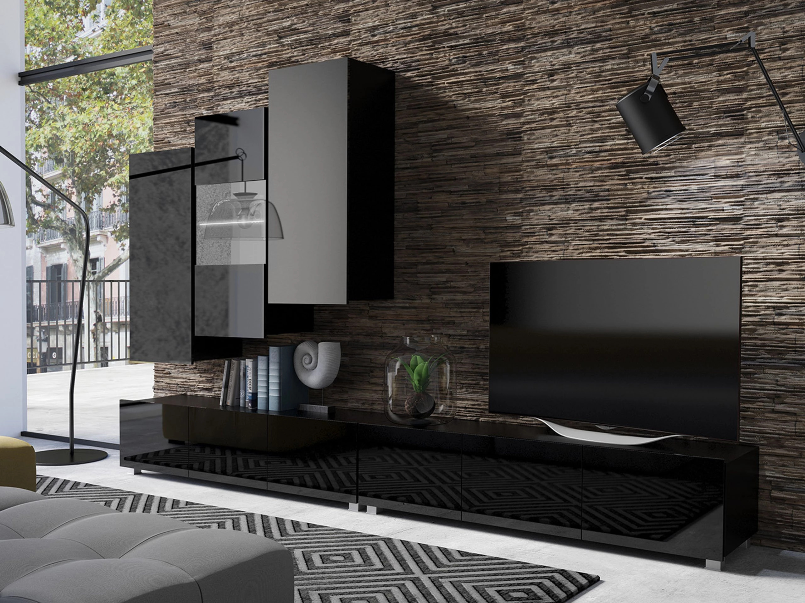 Wohnzimmer-Sets Remus XVII (Schwarz + Schwarz glänzend)