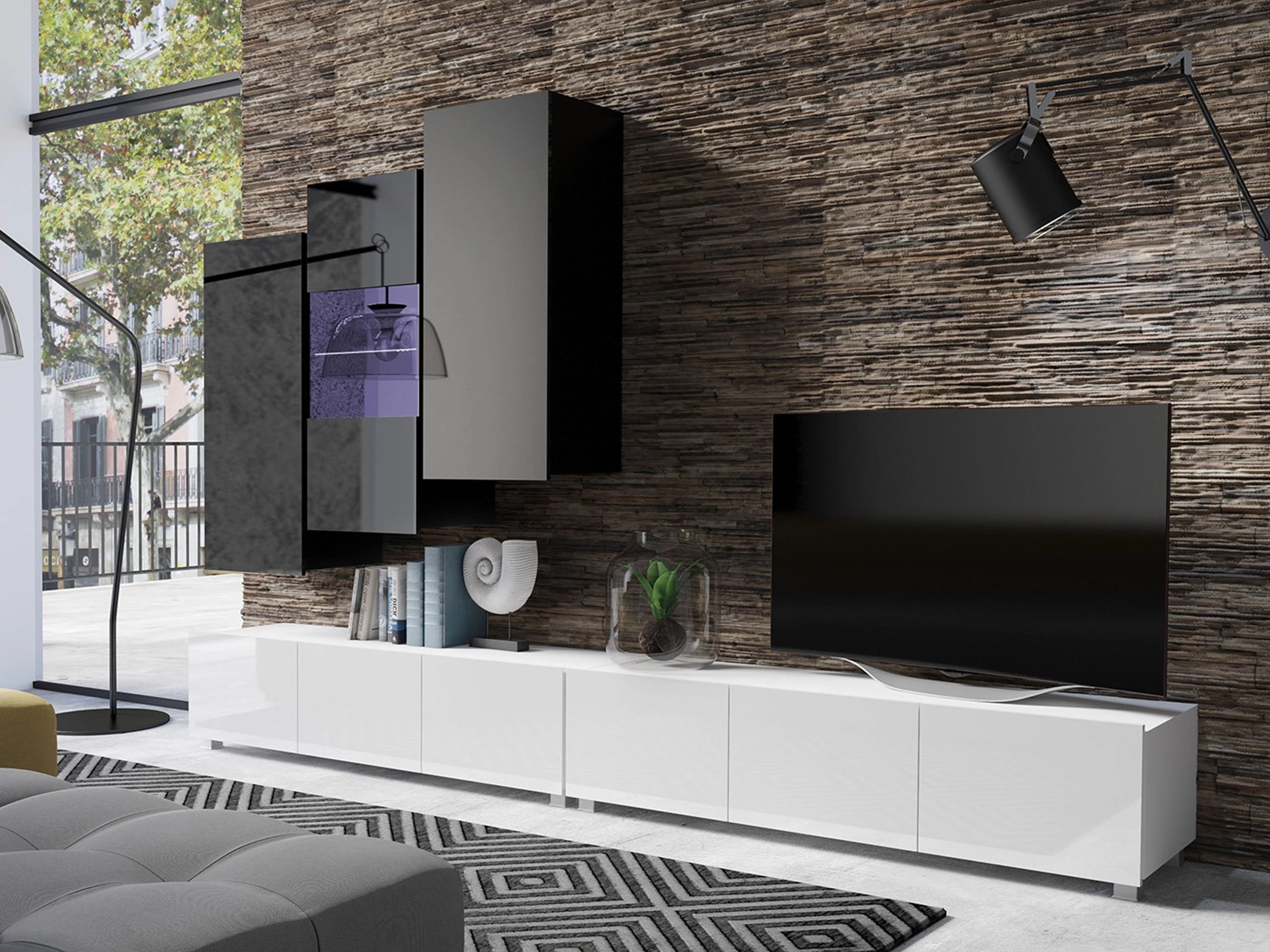 Wohnzimmer-Sets Remus XVII (Weiß + Weiß glänzend + Schwarz + Schwarz glänzend)