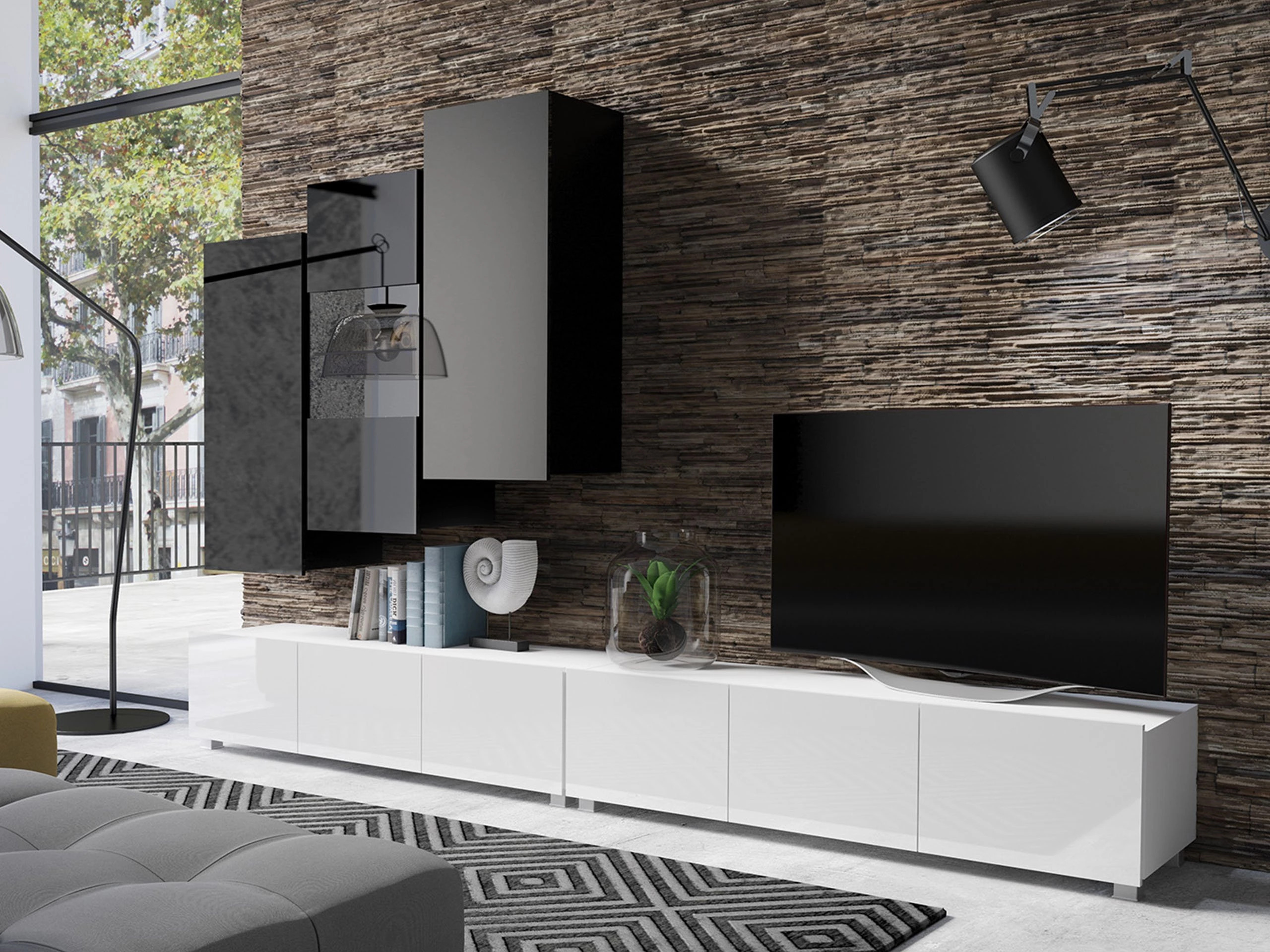 Wohnzimmer-Sets Remus XVII (Weiß + Weiß glänzend + Schwarz + Schwarz glänzend)