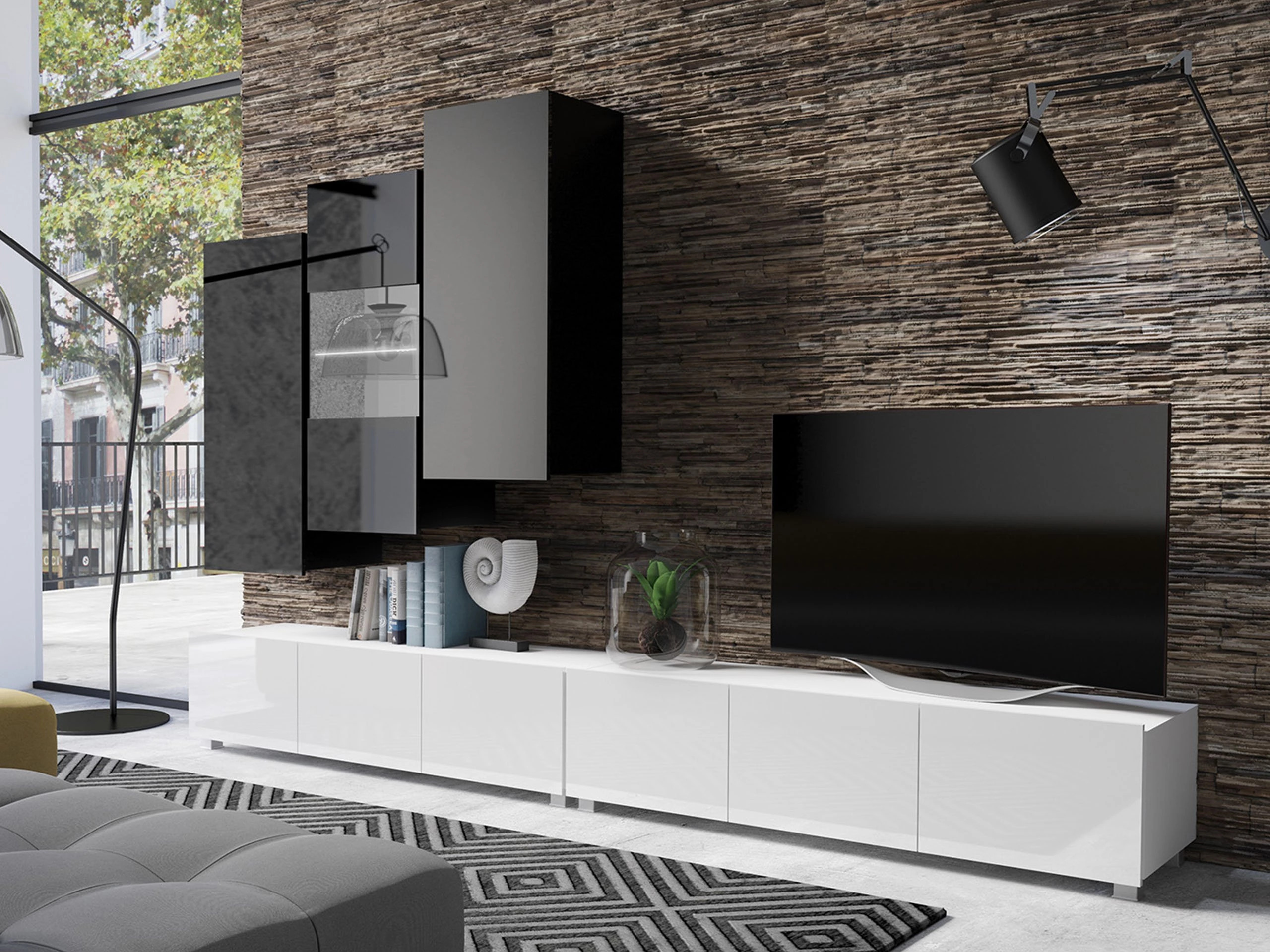 Wohnzimmer-Sets Remus XVII (Weiß + Weiß glänzend + Schwarz + Schwarz glänzend)