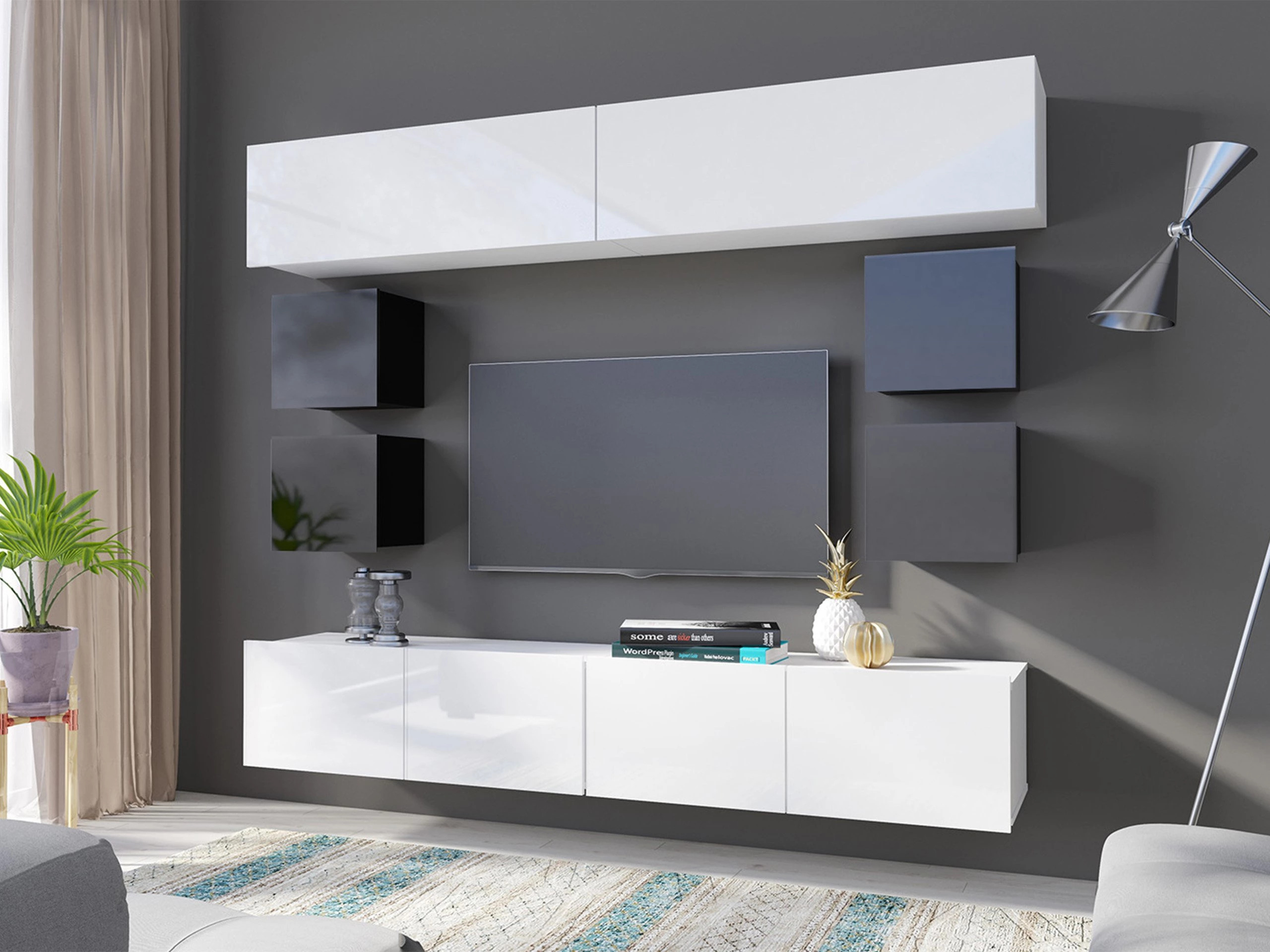 Wohnzimmer-Sets Remus XVI (Schwarz + Schwarz glänzend + Weiß + Weiß glänzend)