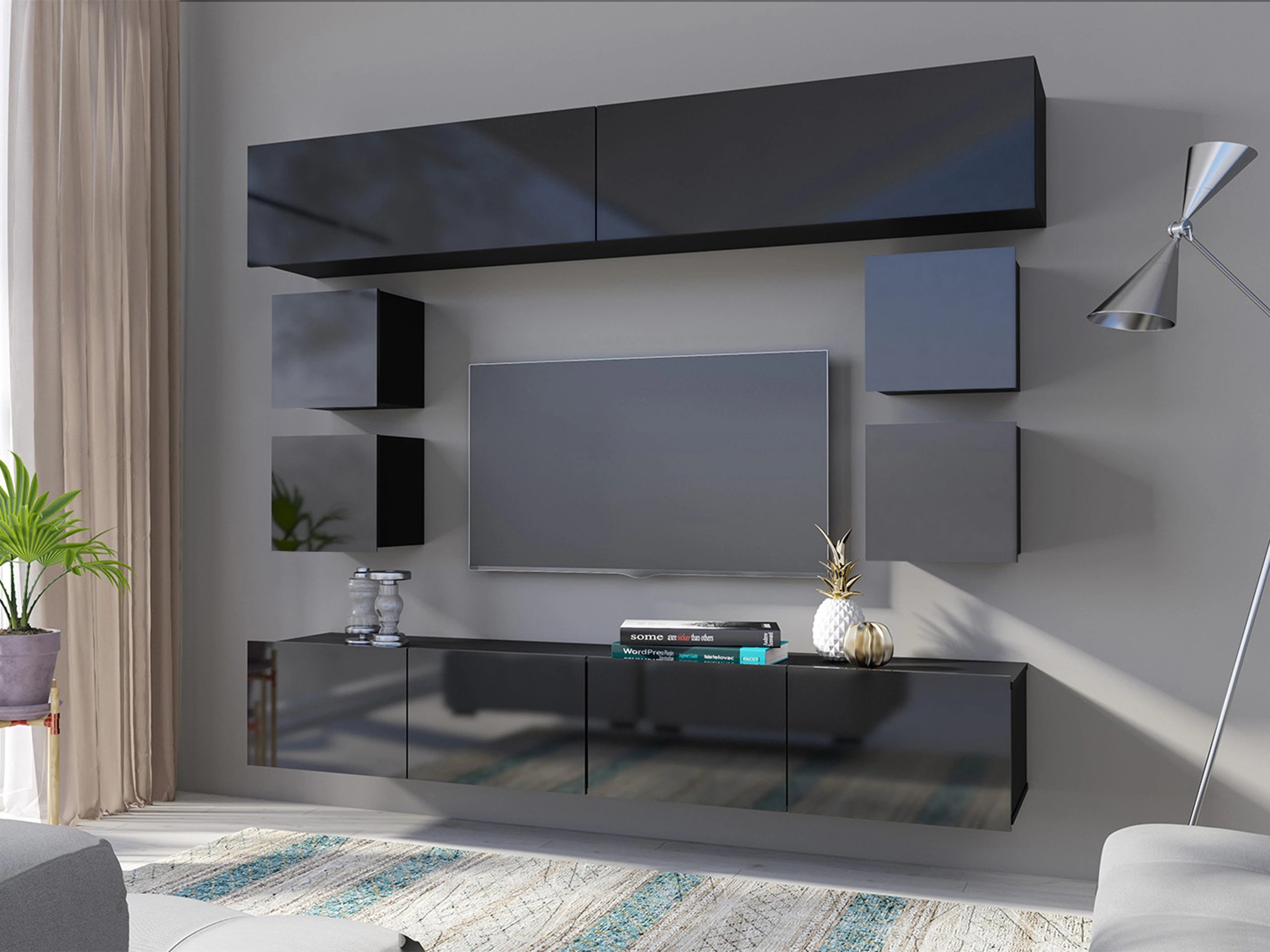 Wohnzimmer-Sets Remus XVI (Schwarz + Schwarz glänzend)