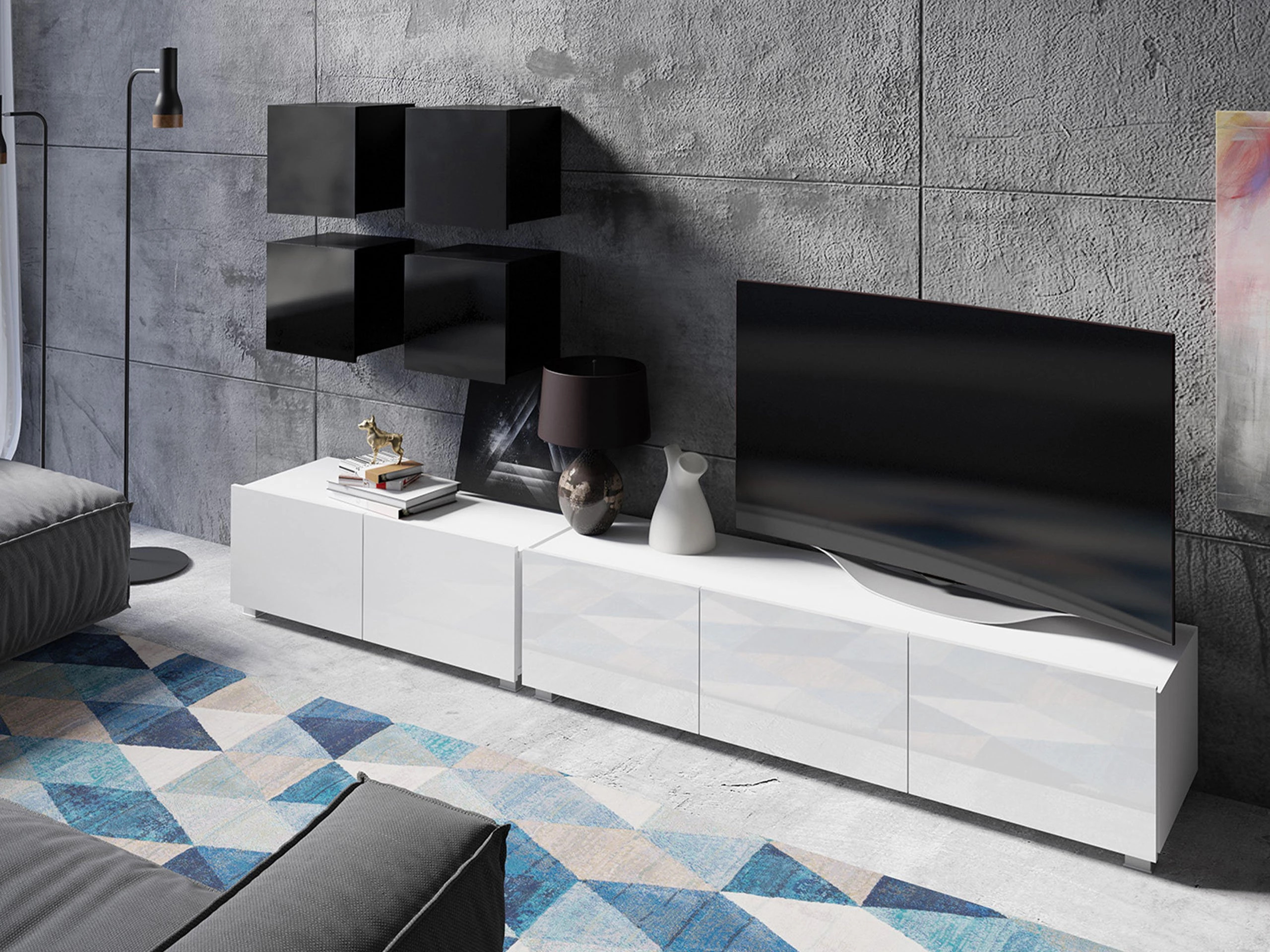 Wohnzimmer-Sets Remus XVIII (Schwarz + Schwarz glänzend + Weiß + Weiß glänzend)