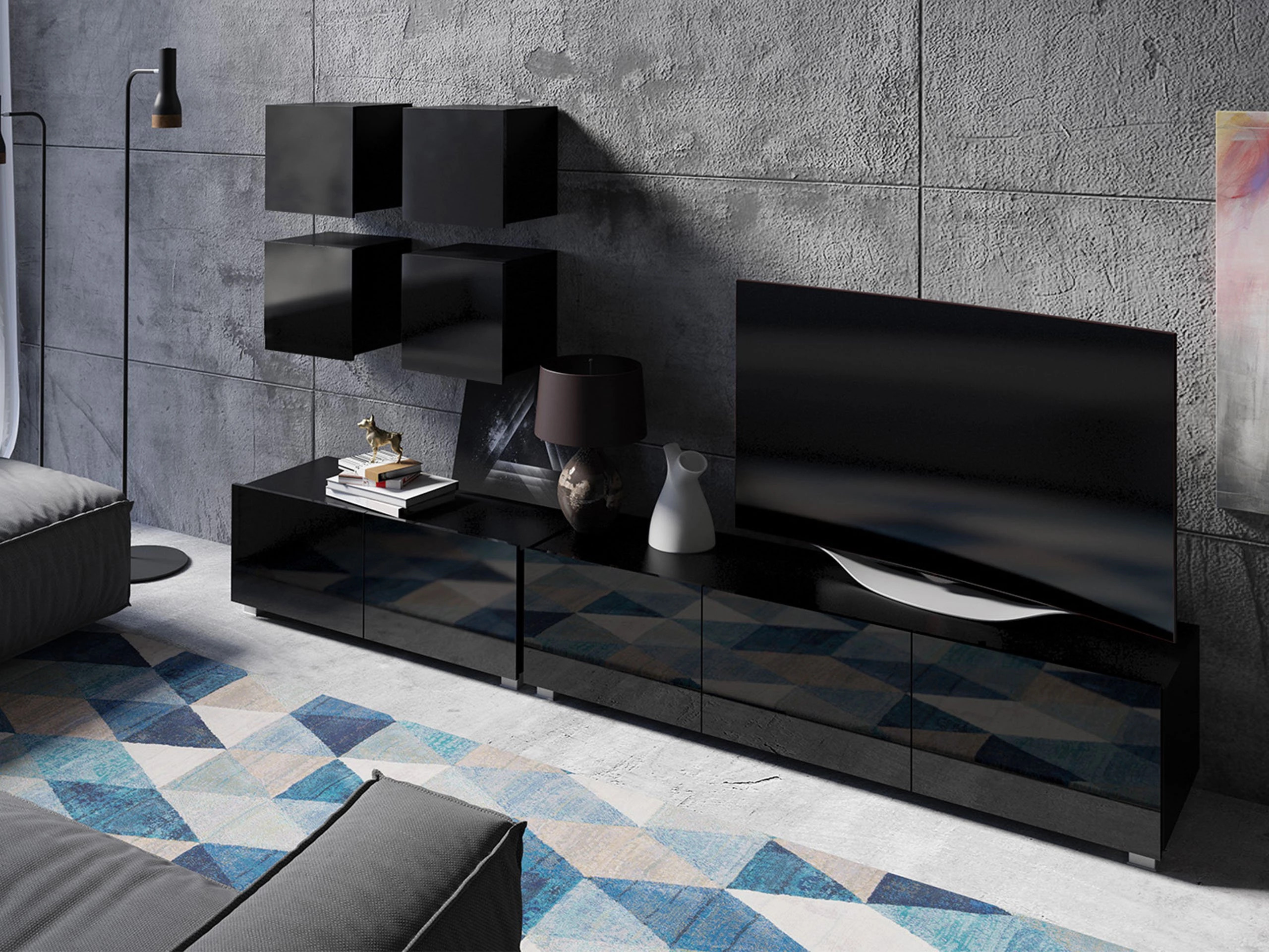 Wohnzimmer-Sets Remus XVIII (Schwarz + Schwarz glänzend)