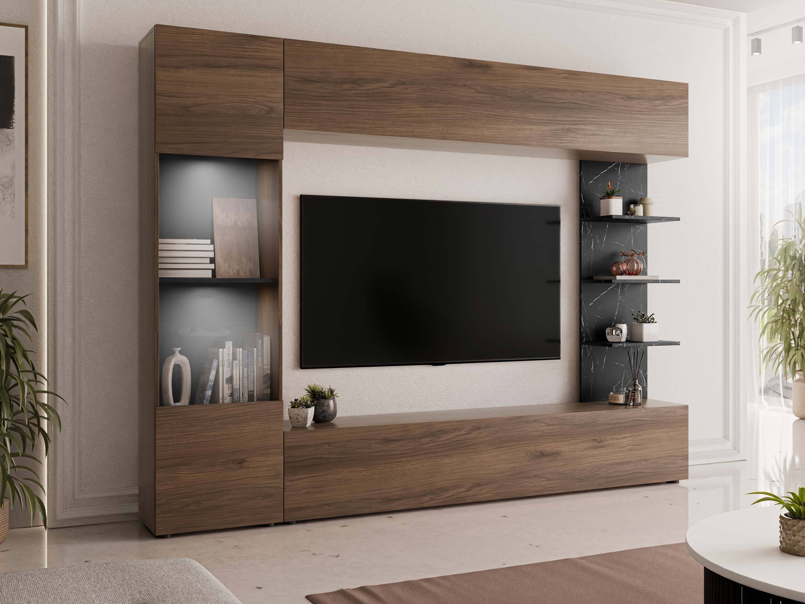 Wohnzimmer-Sets Comfivo Animus (Walnussholzoptik + Schwarzer Marmor)