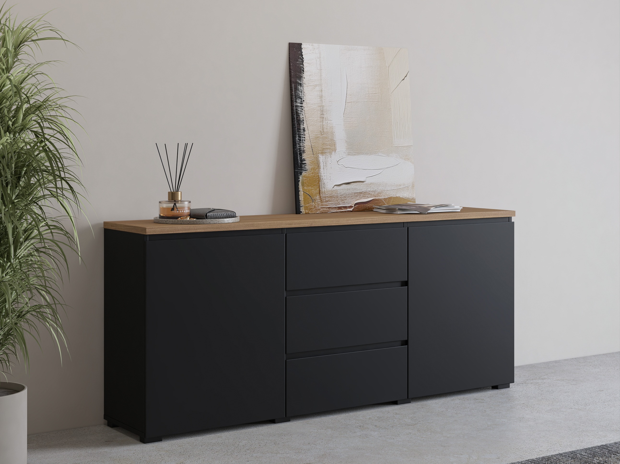 Kommoden Baletu 106 (Schwarz + Eichenholzoptik)