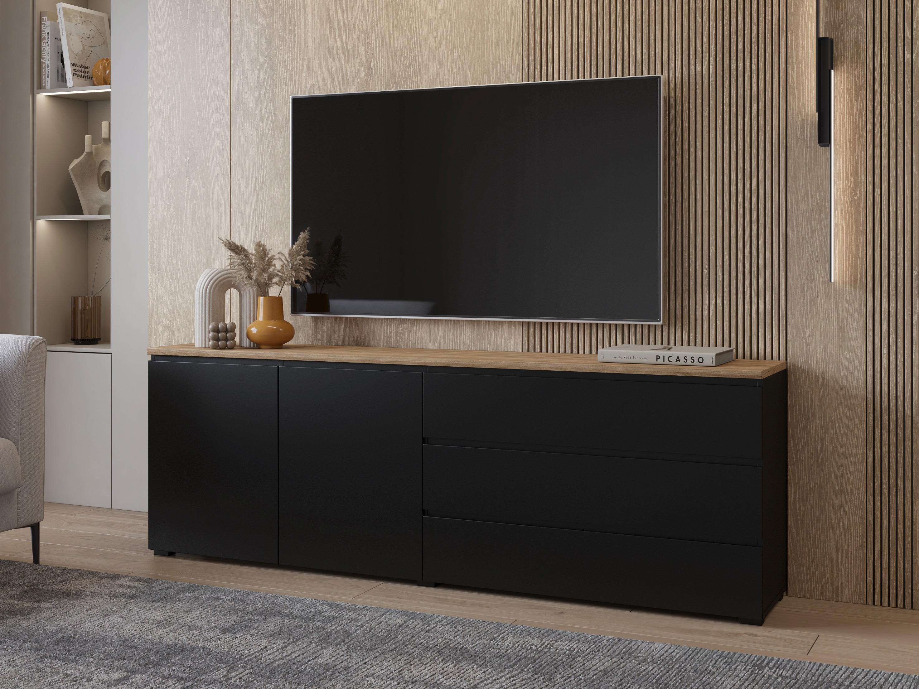 Kommoden Baletu 107 (Schwarz + Eichenholzoptik)