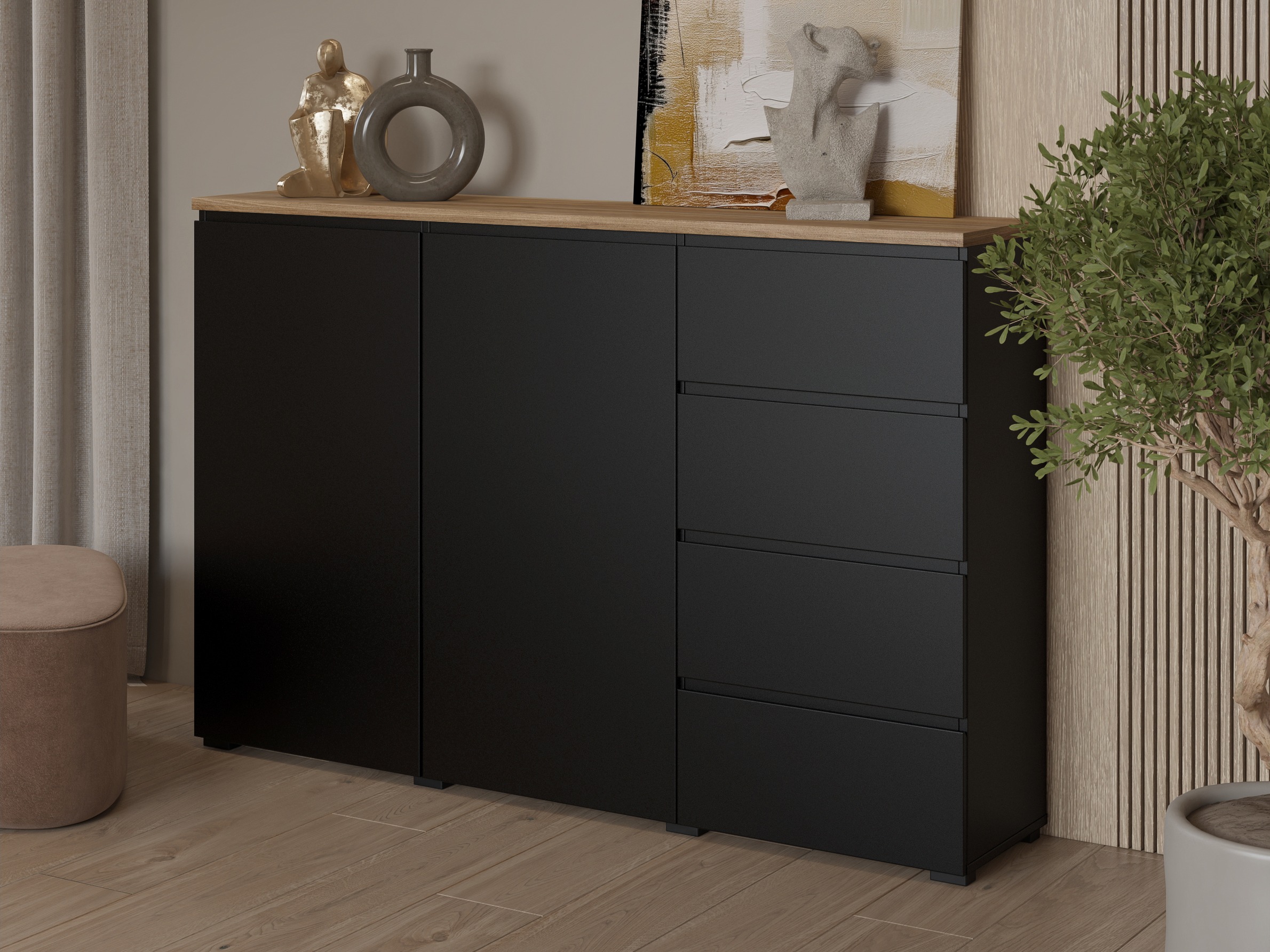 Kommoden Baletu 109 (Schwarz + Eichenholzoptik)