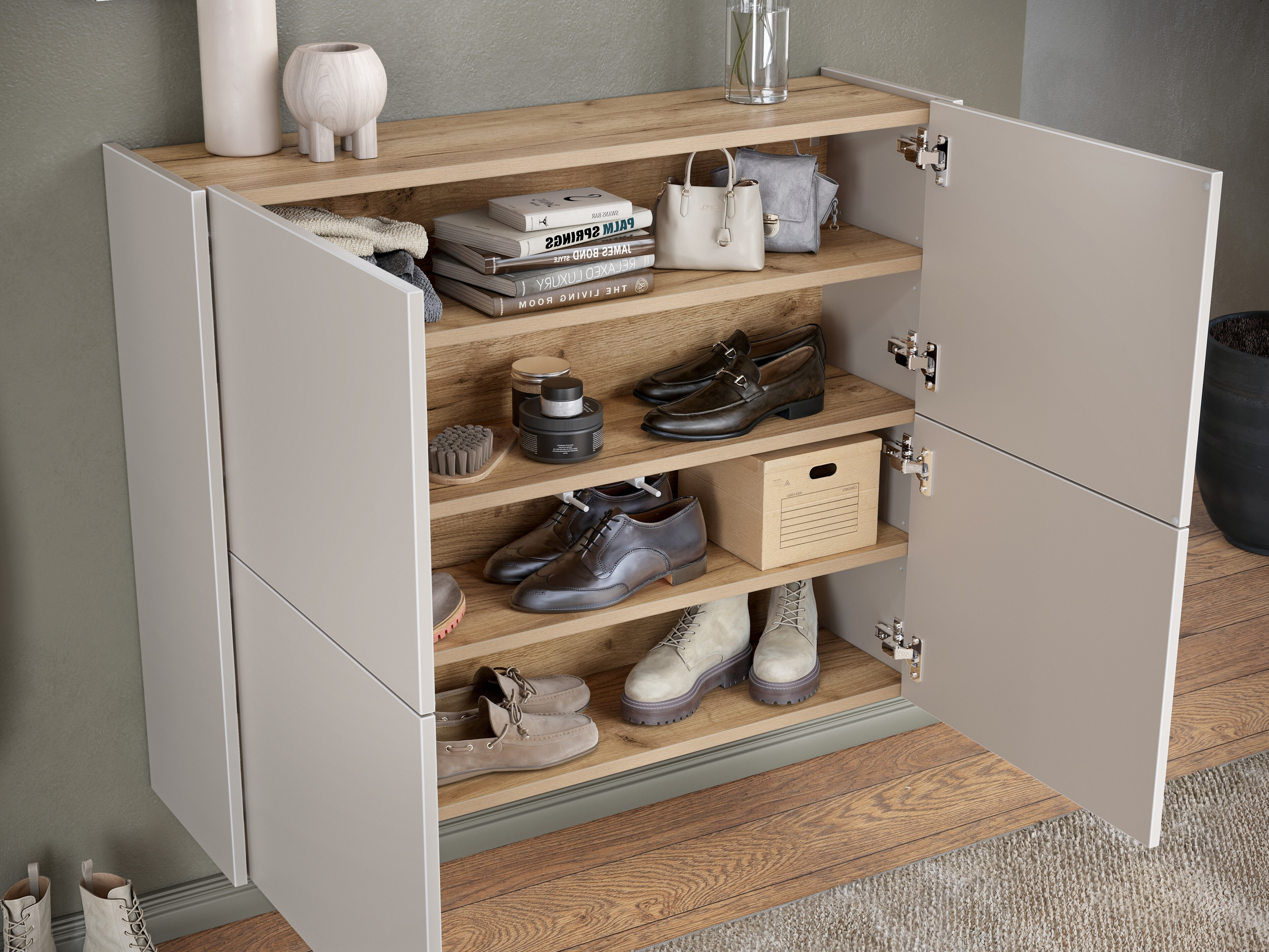 Schuhschrank Levfena 101 (Kaschmir + Navarra eichenholzoptik)