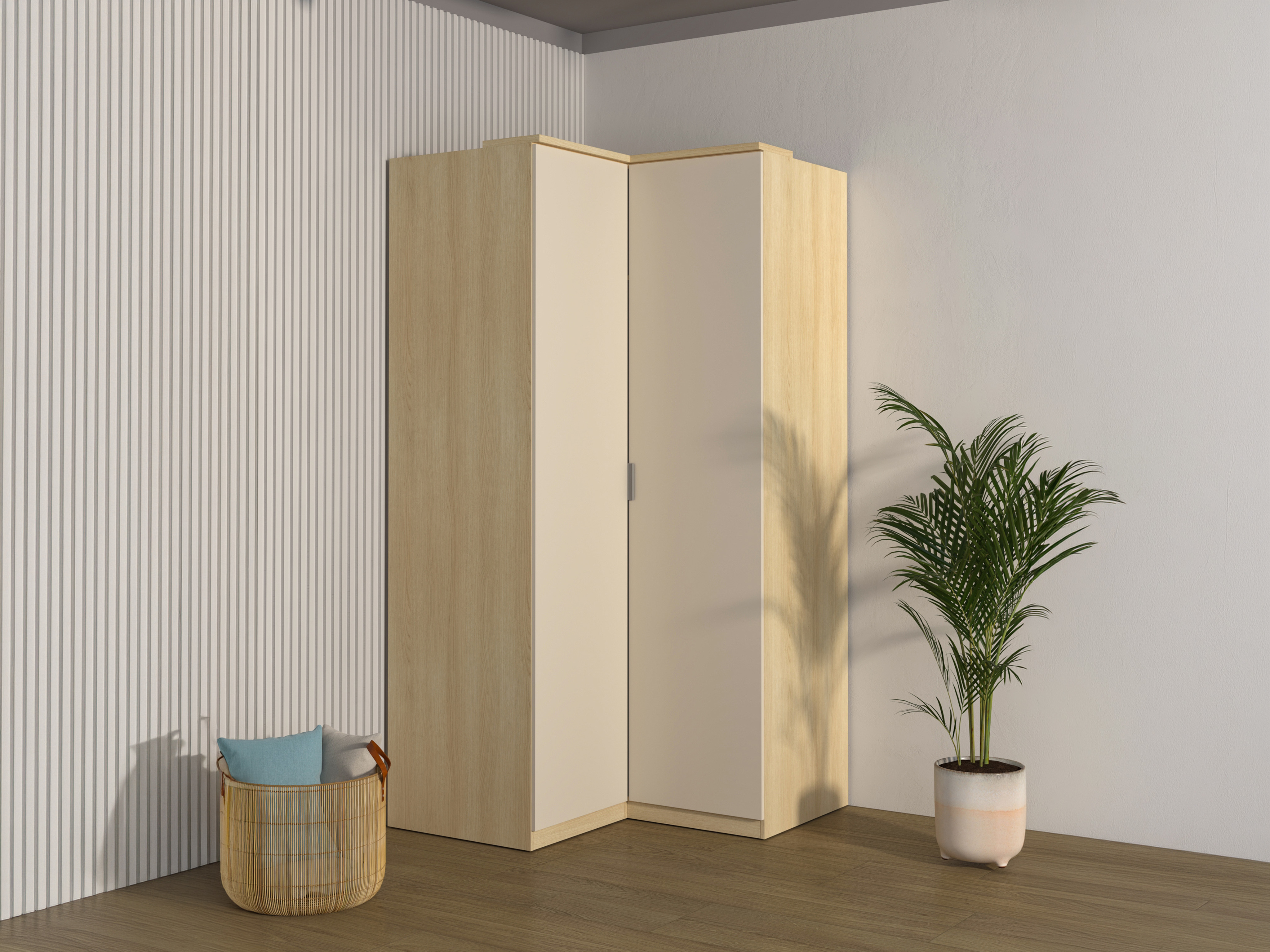 Eckkleiderschrank Nolcala 107 (Eichenholzoptik + Beige)