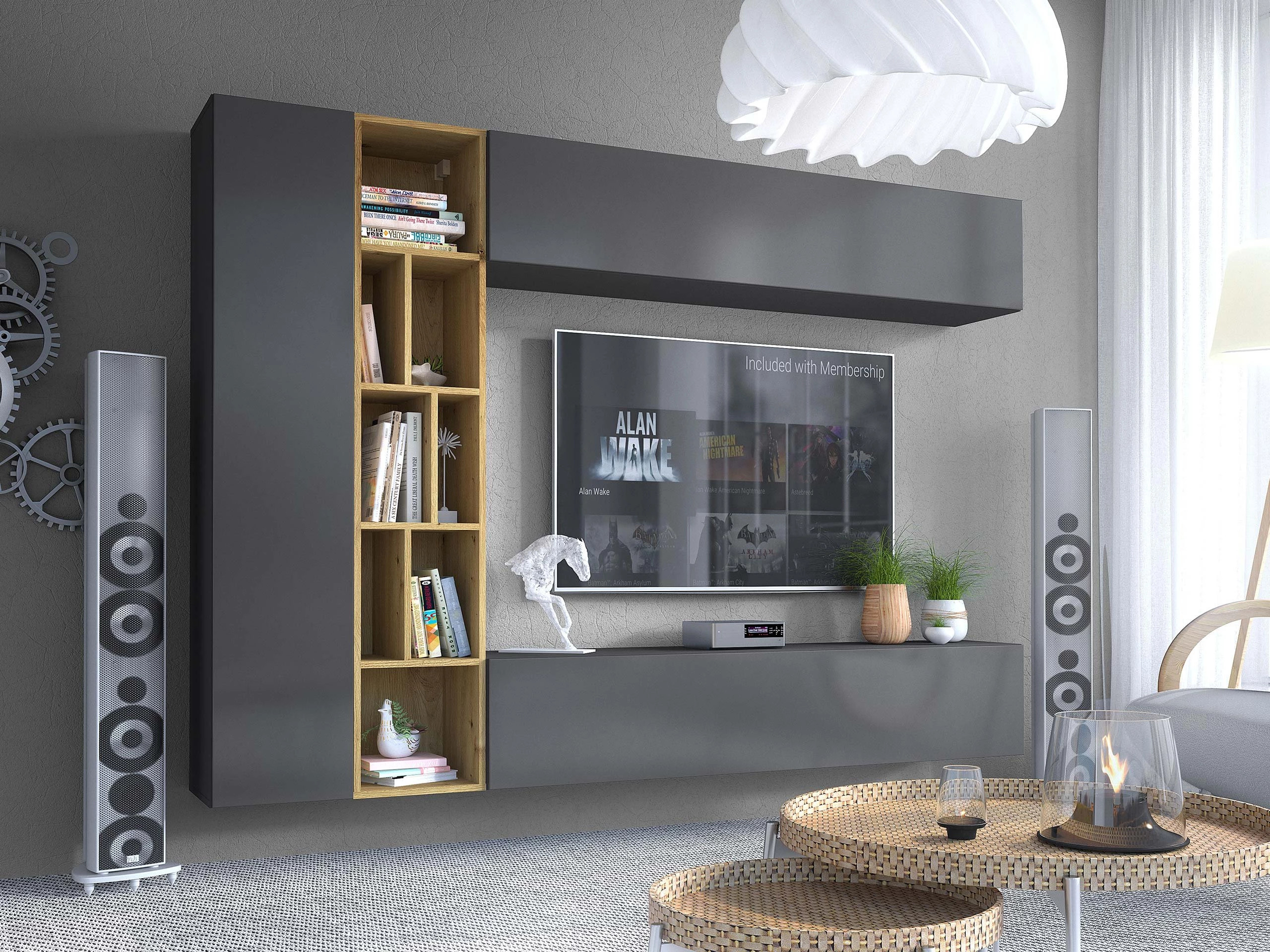 Wohnzimmer-Sets Comfivo Natura (Grau + Artisan Eichenholzoptik)