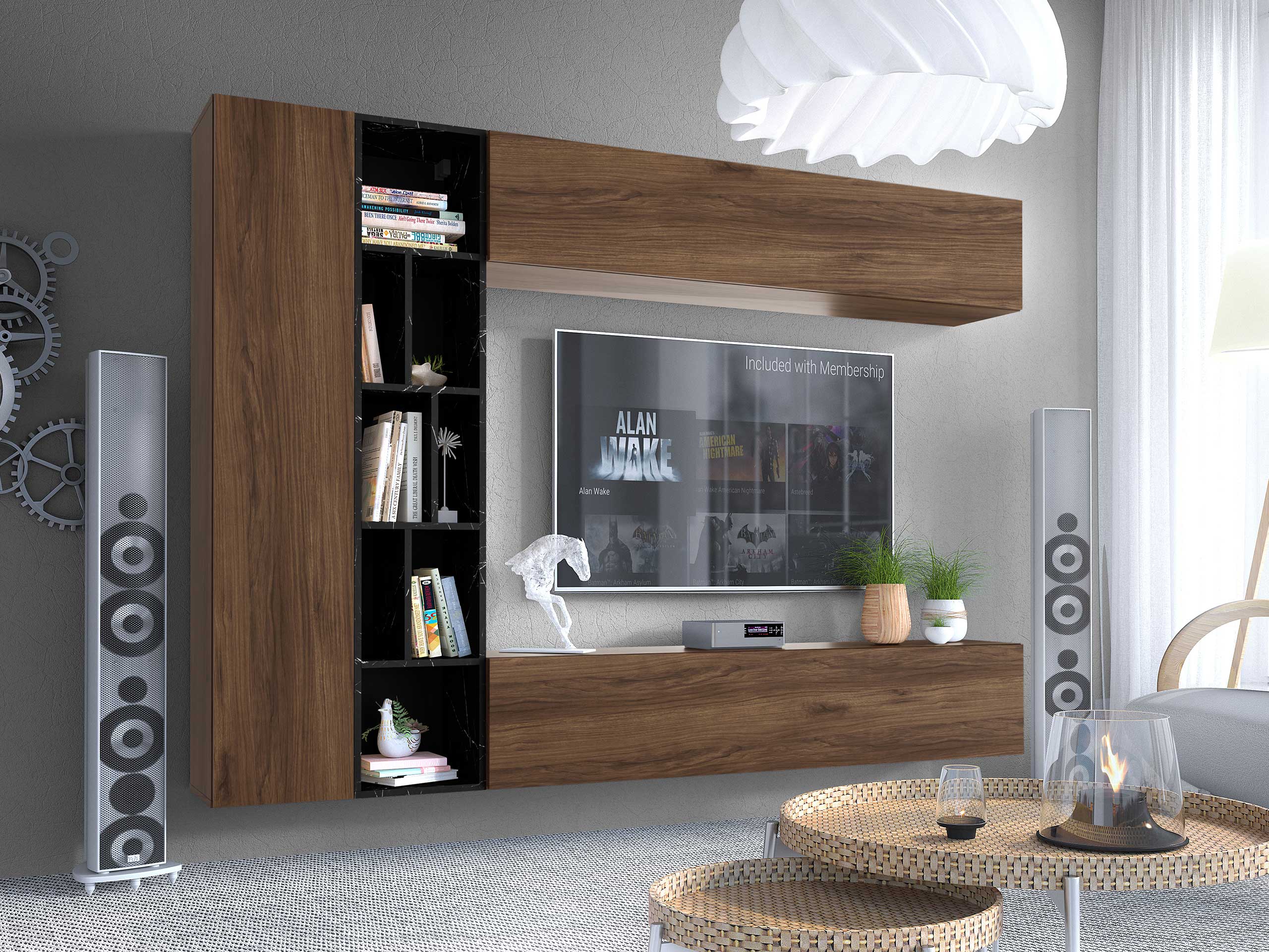 Wohnzimmer-Sets Comfivo Natura (Walnussholzoptik + Schwarzer Marmor)