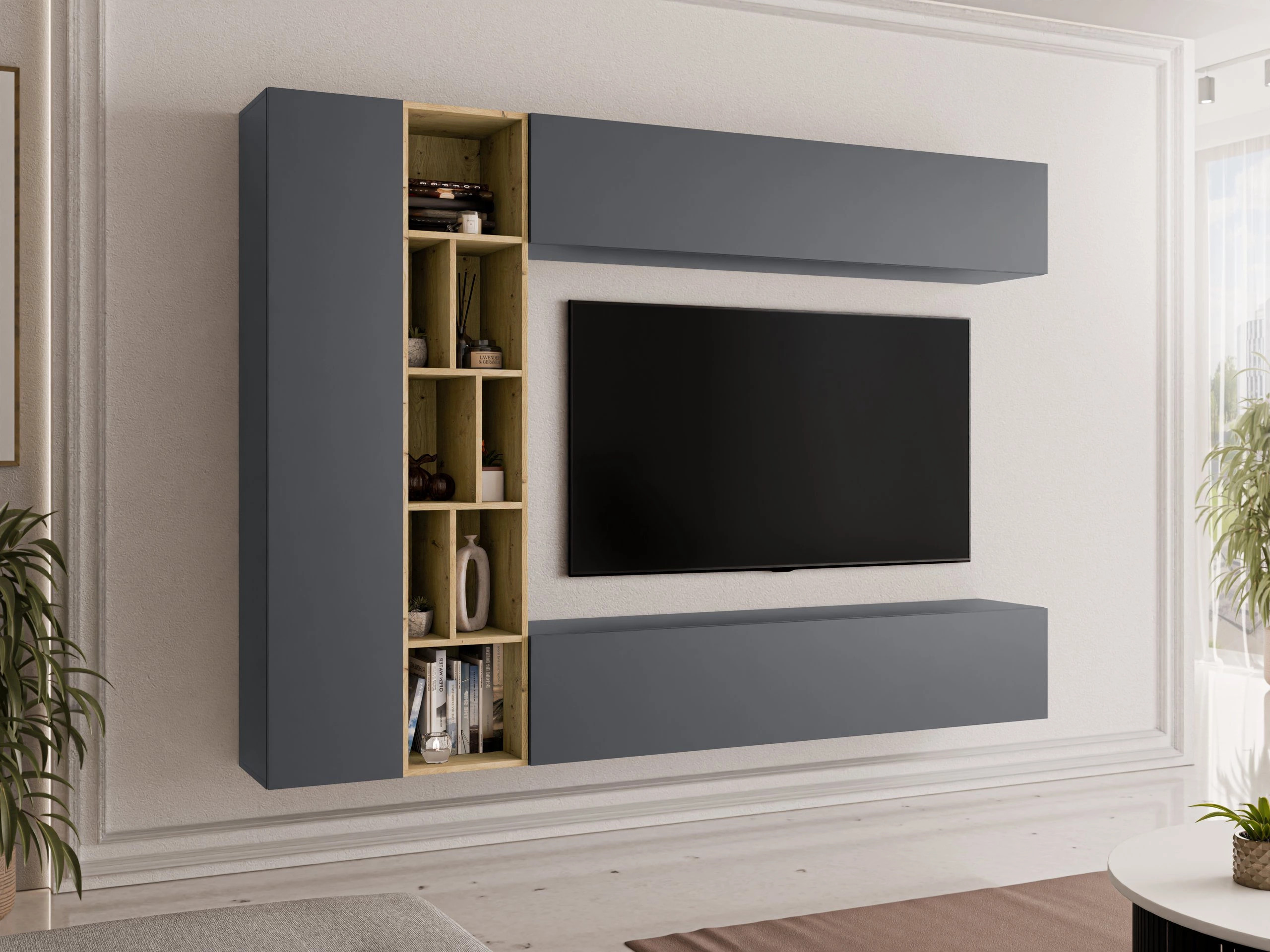Wohnzimmer-Sets Comfivo Natura (Grau + Artisan Eichenholzoptik)