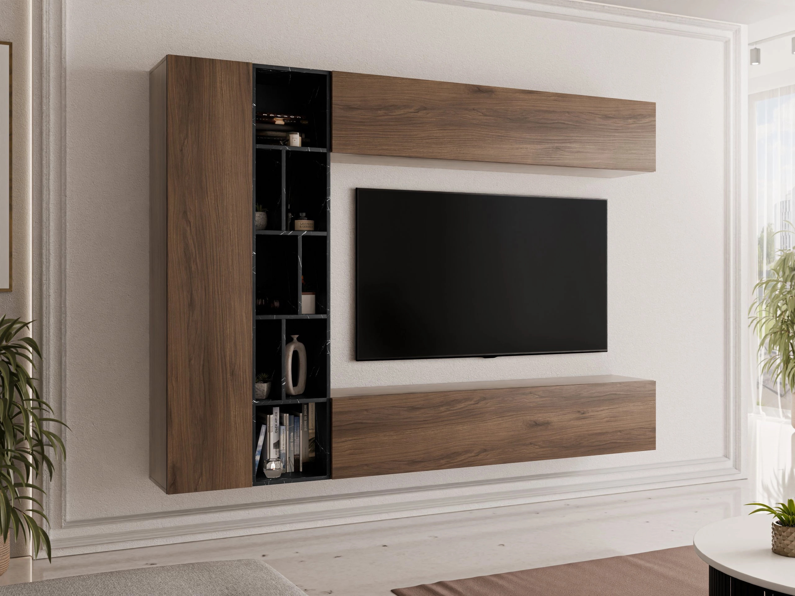 Wohnzimmer-Sets Comfivo Natura (Walnussholzoptik + Schwarzer Marmor)