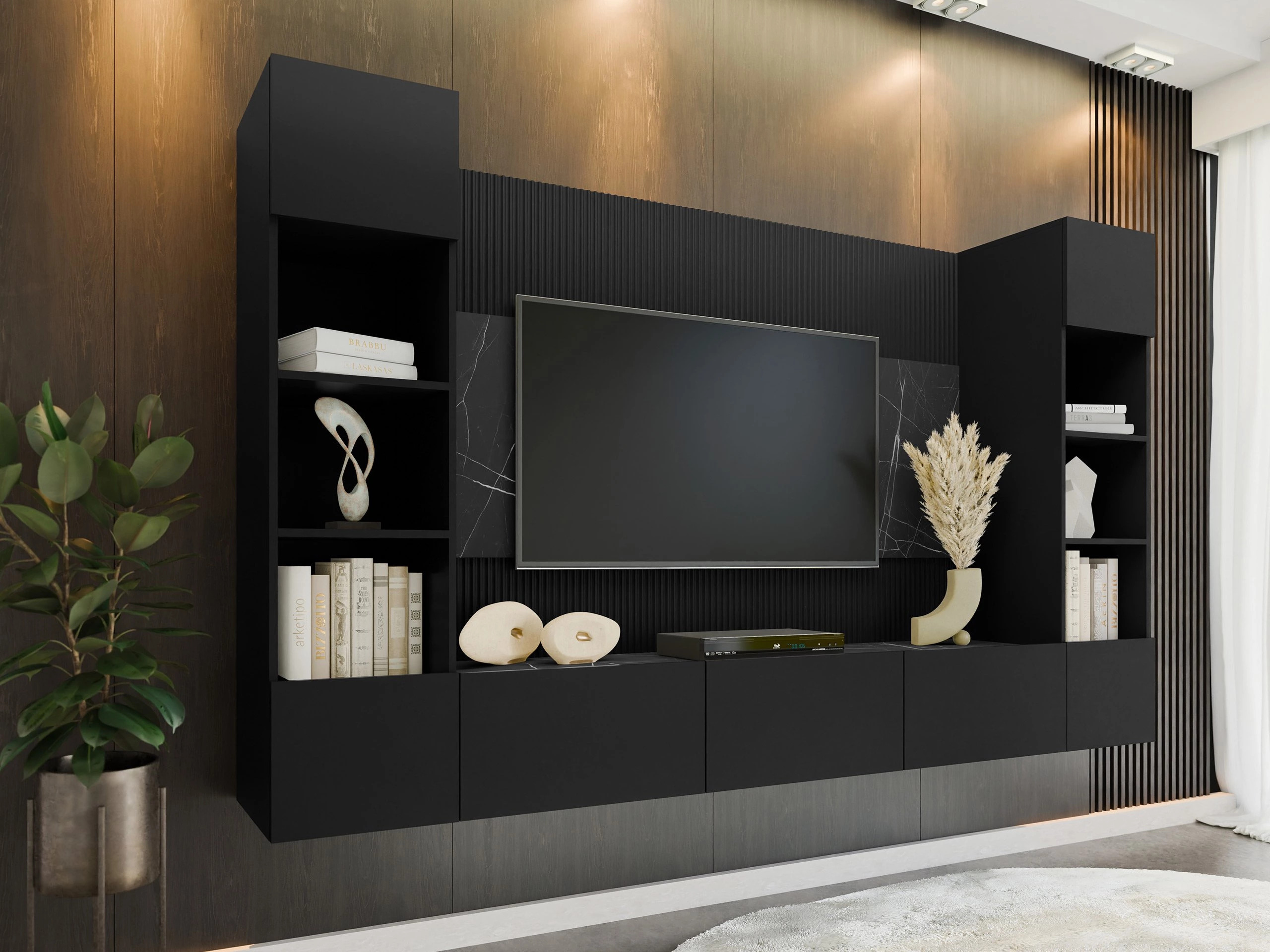 Wohnzimmer-Sets Comfivo Salix I (Schwarz + Schwarzer Marmor)