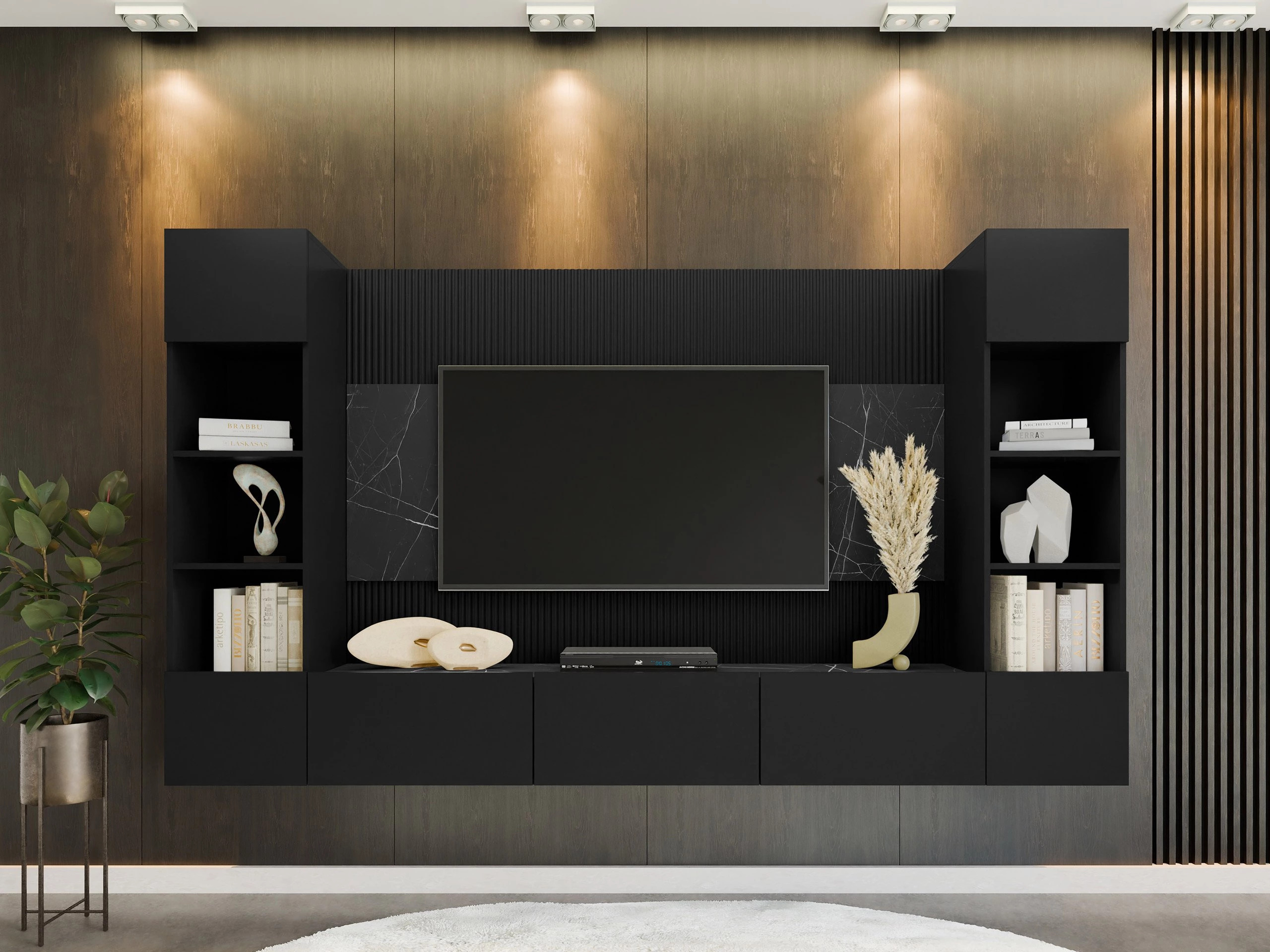 Wohnzimmer-Sets Comfivo Salix I (Schwarz + Schwarzer Marmor)