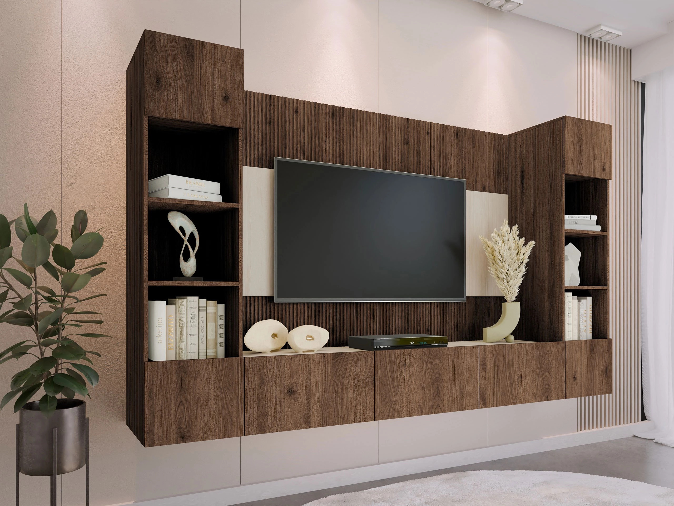 Wohnzimmer-Sets Comfivo Salix I (Walnussholzoptik + Hell Travertine)