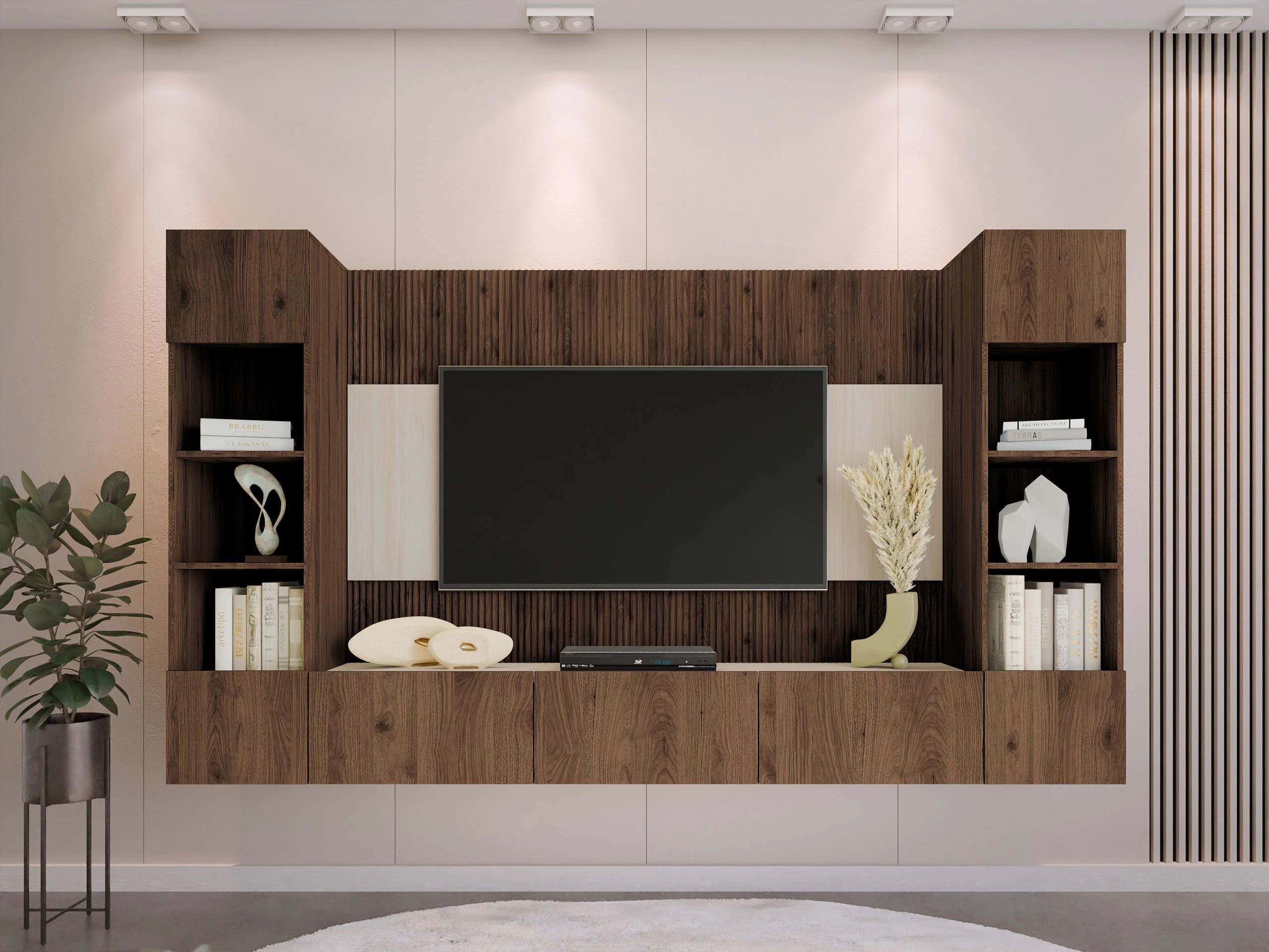 Wohnzimmer-Sets Comfivo Salix I (Walnussholzoptik + Hell Travertine)