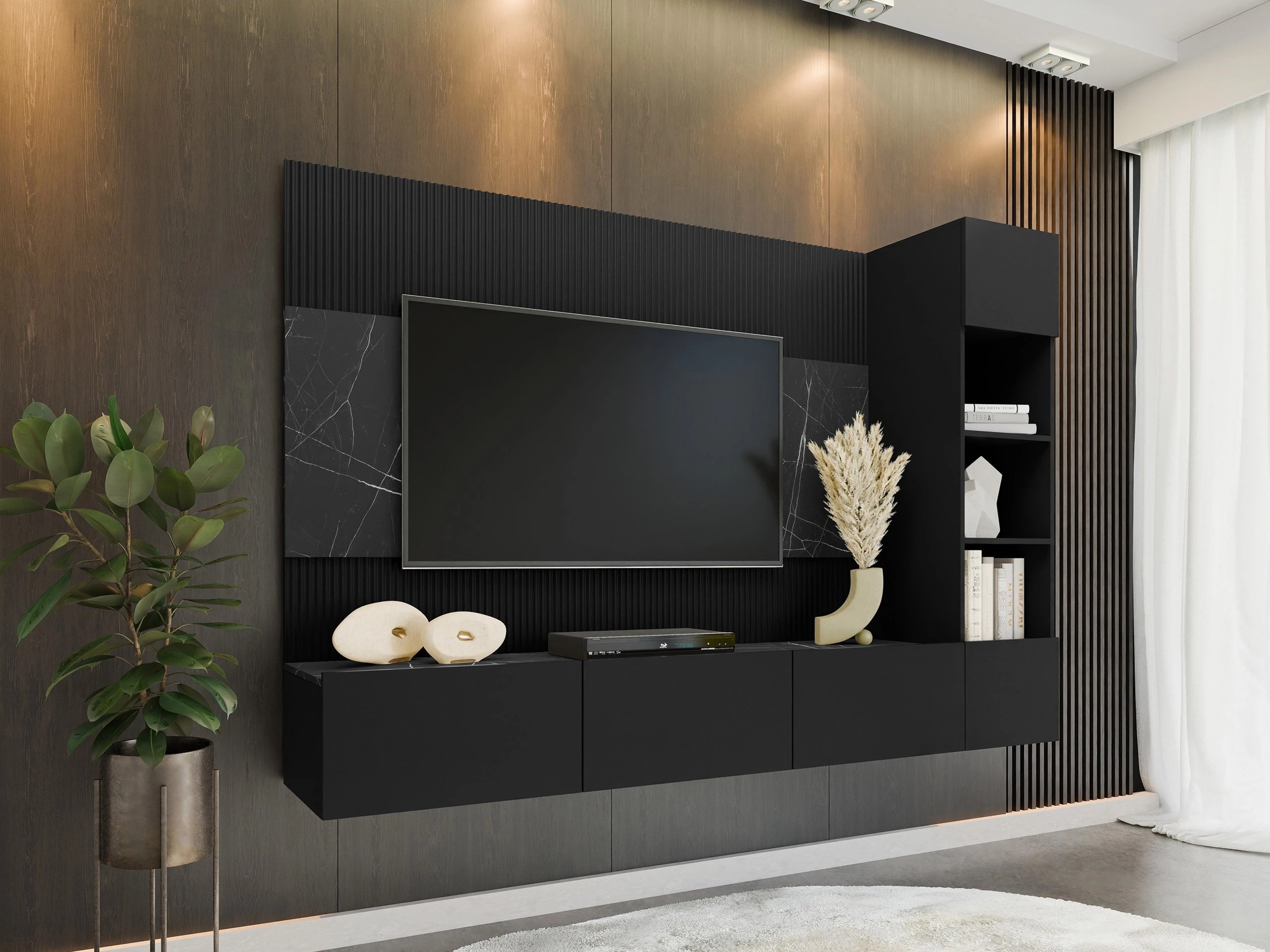 Wohnzimmer-Sets Comfivo Salix II (Schwarz + Schwarzer Marmor)