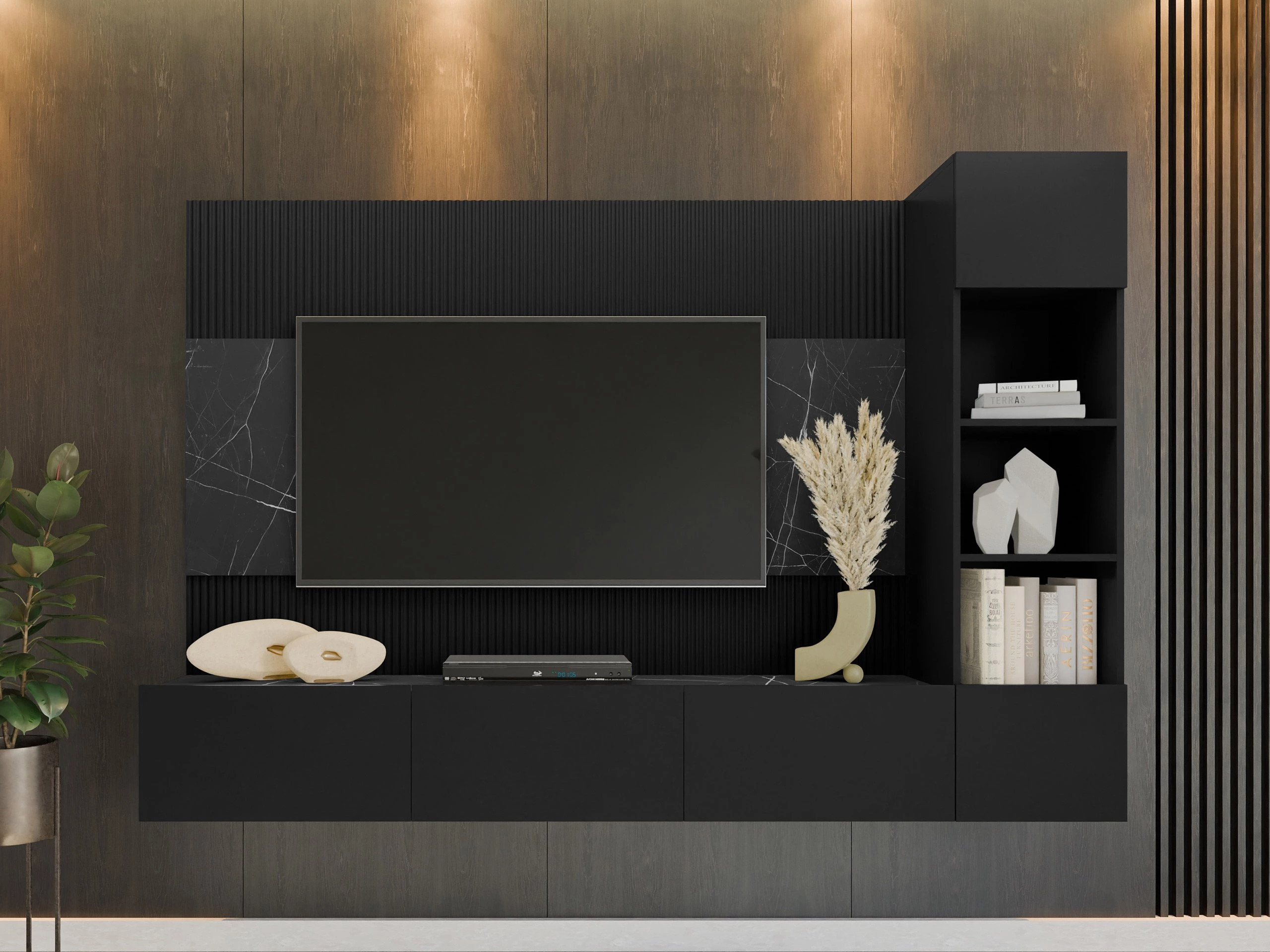 Wohnzimmer-Sets Comfivo Salix II (Schwarz + Schwarzer Marmor)