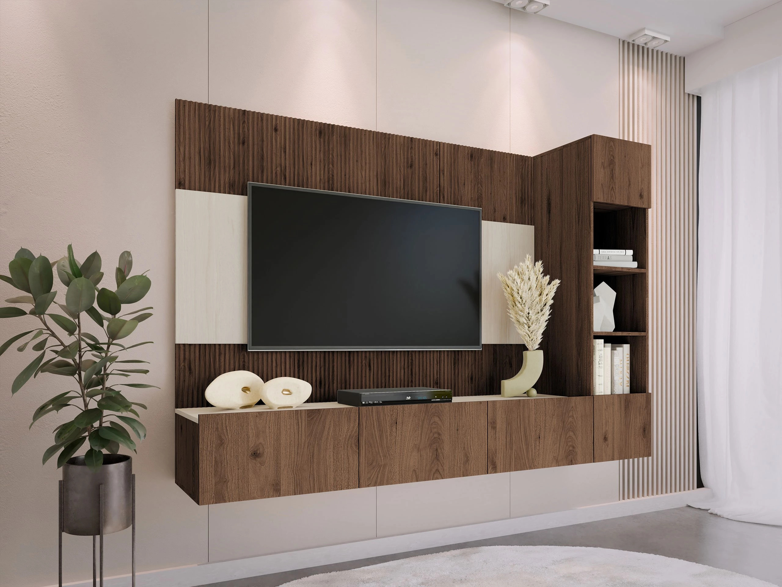 Wohnzimmer-Sets Comfivo Salix II (Walnussholzoptik + Hell Travertine)