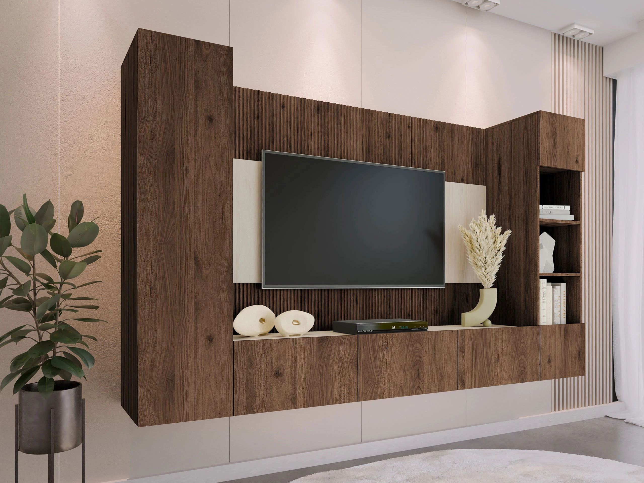 Wohnzimmer-Sets Comfivo Salix IV (Walnussholzoptik + Hell Travertine)