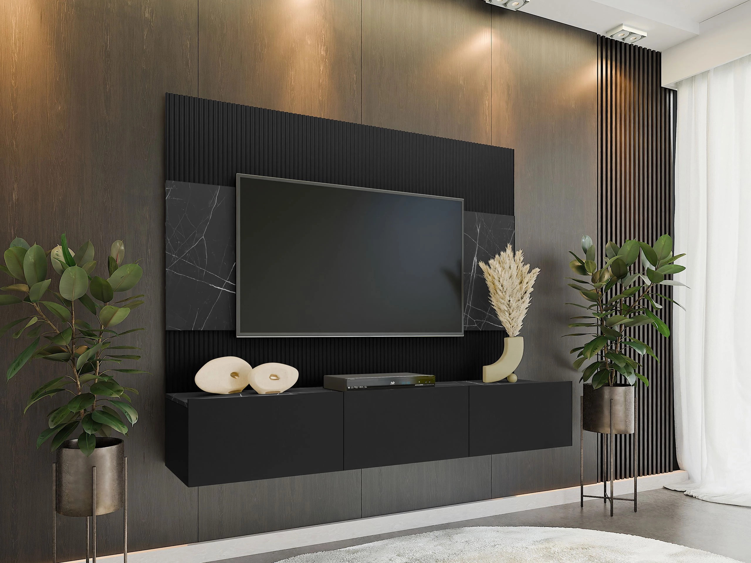 Wohnzimmer-Sets Comfivo Salix (Schwarz + Schwarzer Marmor)
