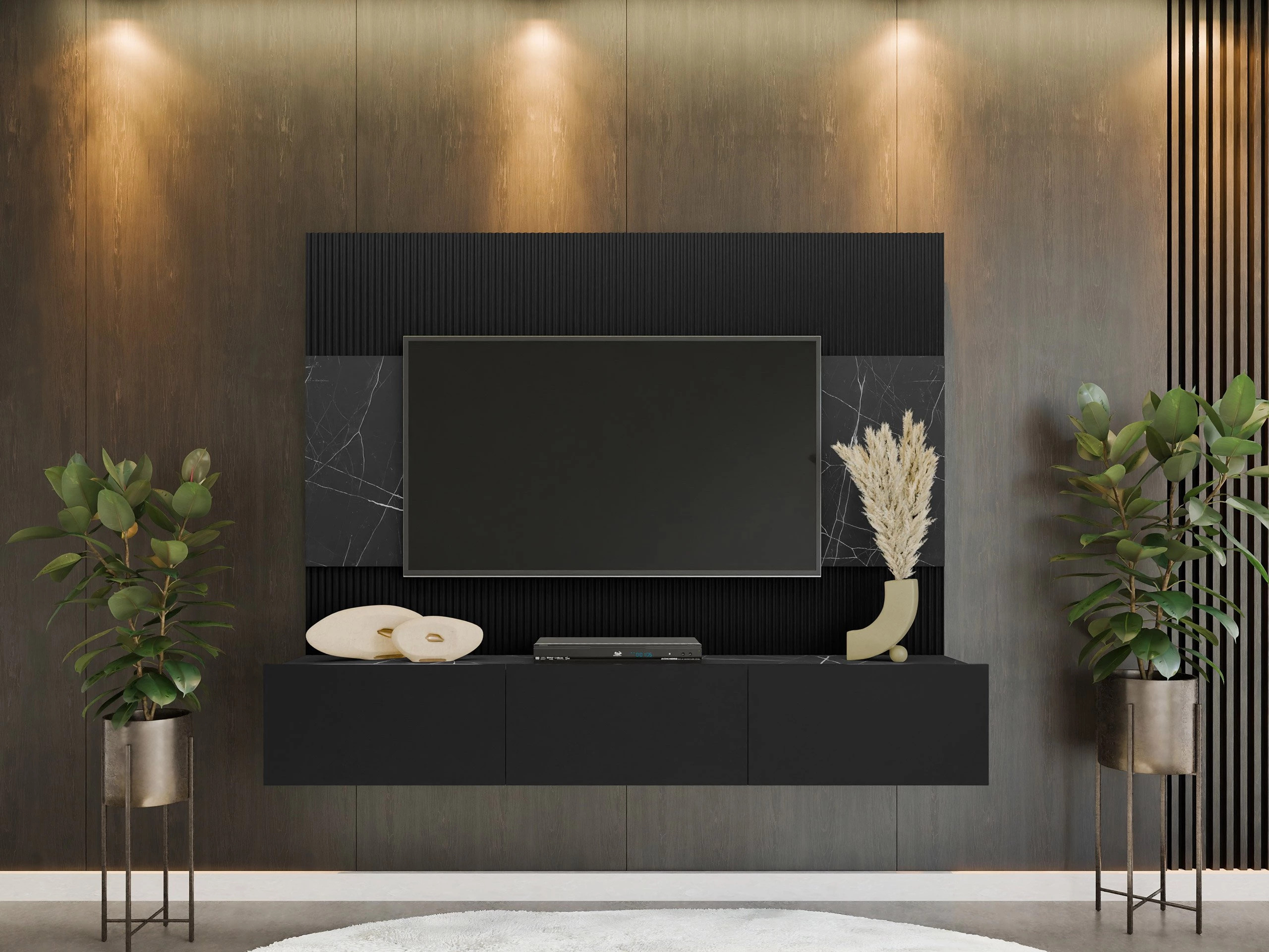 Wohnzimmer-Sets Comfivo Salix (Schwarz + Schwarzer Marmor)