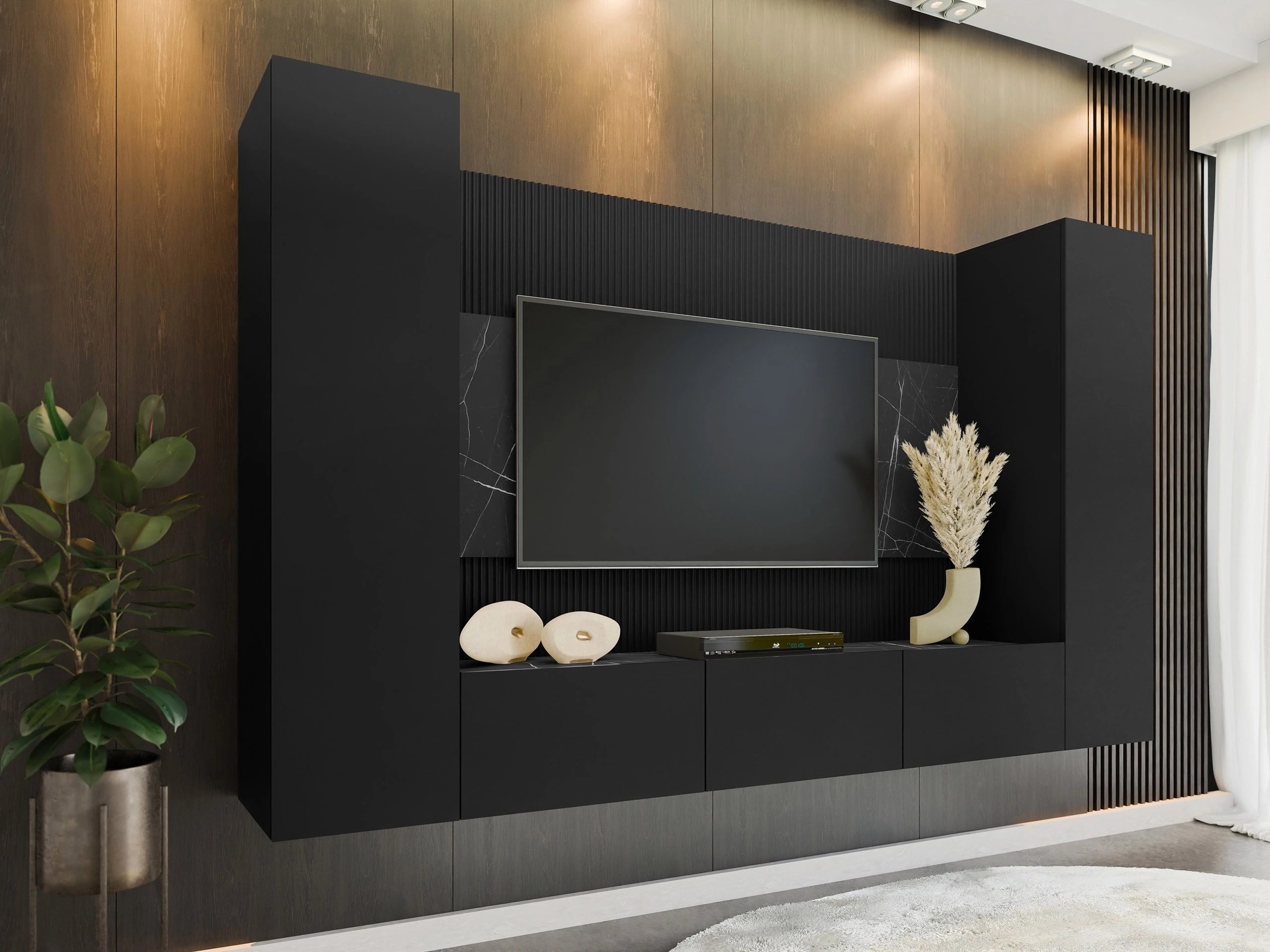 Wohnzimmer-Sets Comfivo Salix V (Schwarz + Schwarzer Marmor)